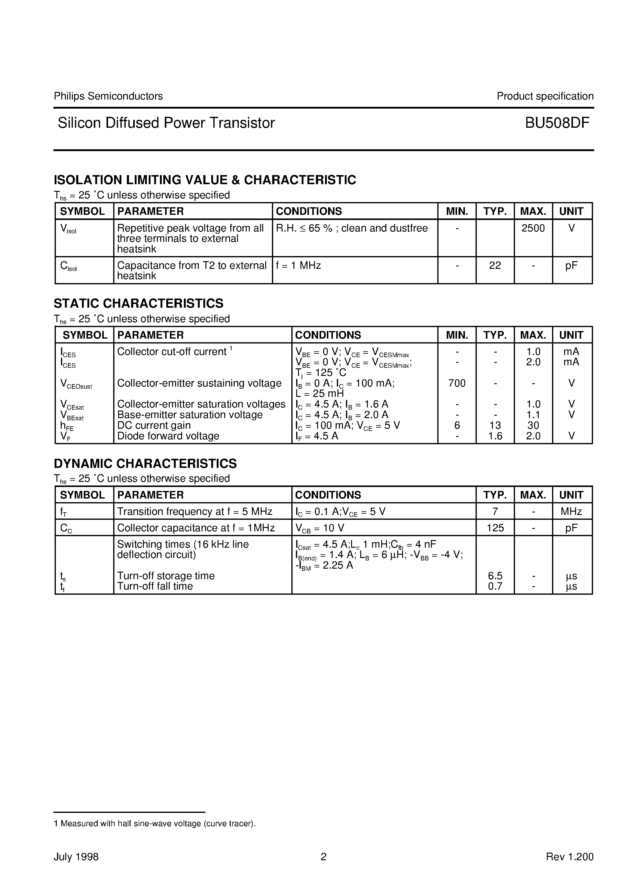 Даташит BU508DF - Silicon Diffused Power Transistor страница 2
