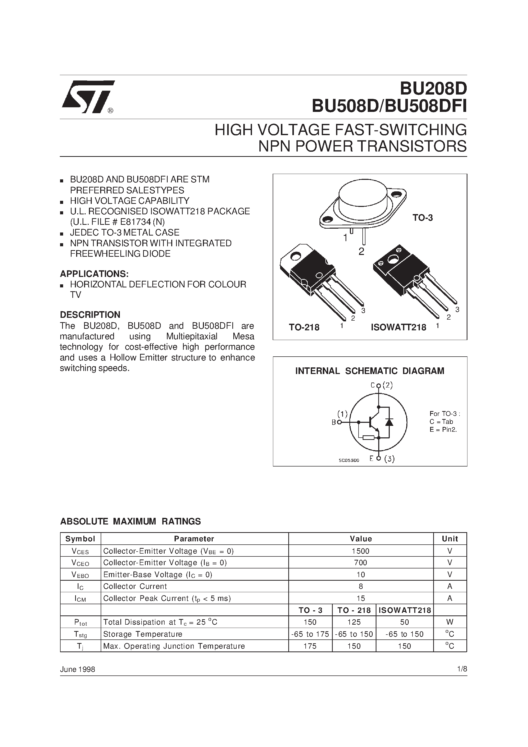 Даташит BU508DFI - HIGH VOLTAGE FAST-SWITCHING NPN POWER TRANSISTORS страница 1