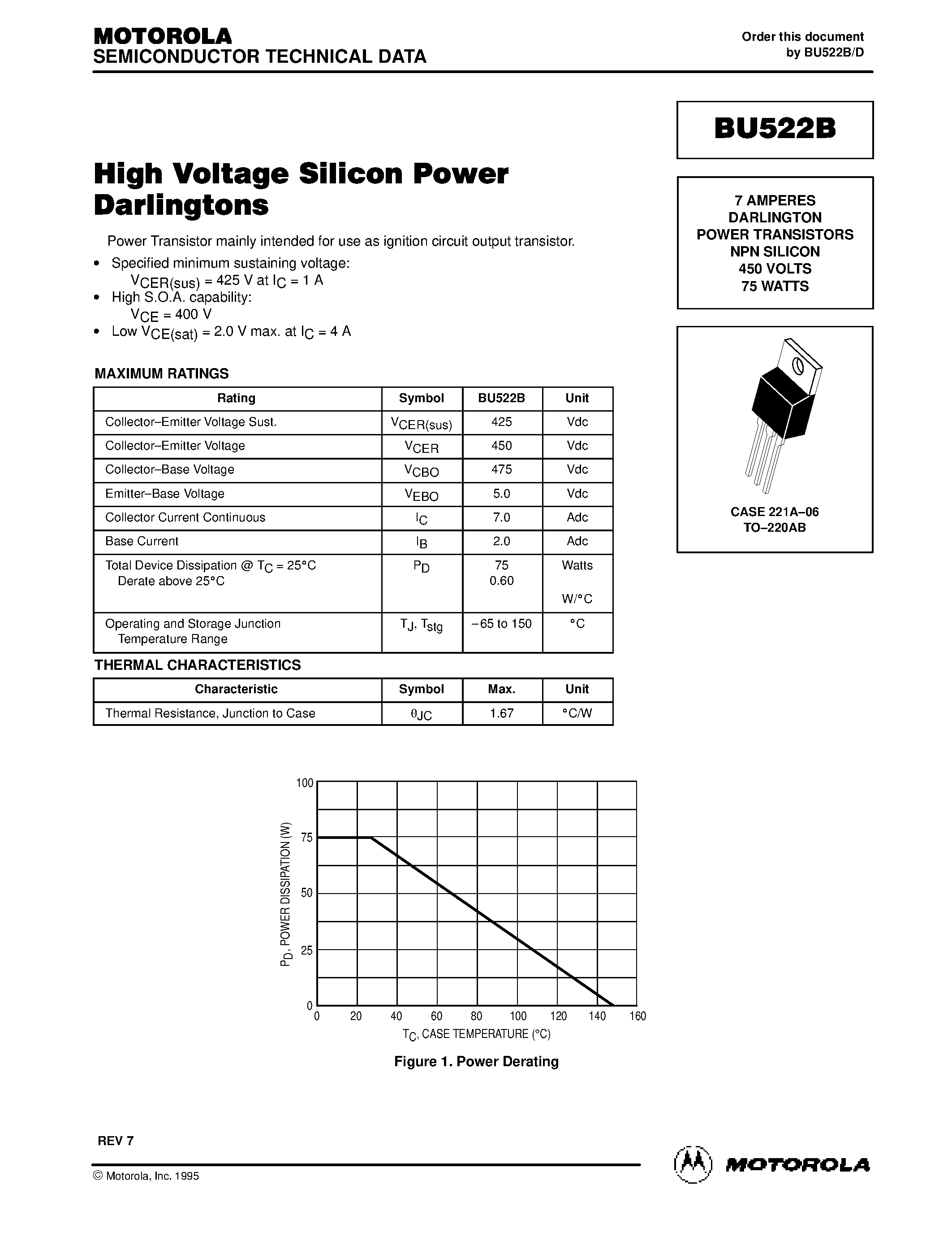 Datasheet BU522B - 7 AMPERES DARLINGTON POWER TRANSISTORS NPN SILICON 450 VOLTS 75 WATTS page 1