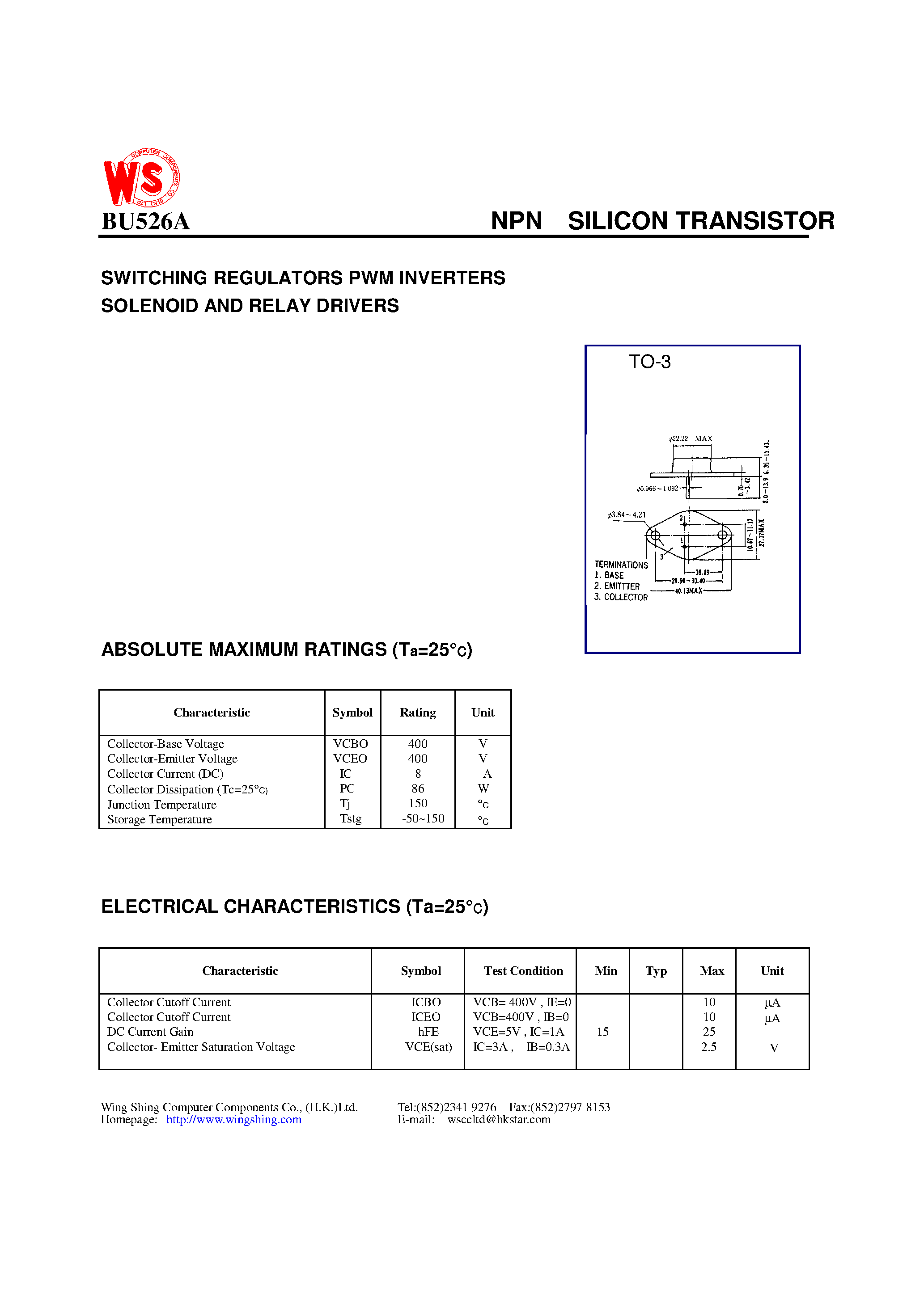 Даташит BU526A - NPN SILICON TRANSISTOR(SWITCHING REGULATORS PWM INVERTERS SOLENOID AND RELAY DRIVERS) страница 1
