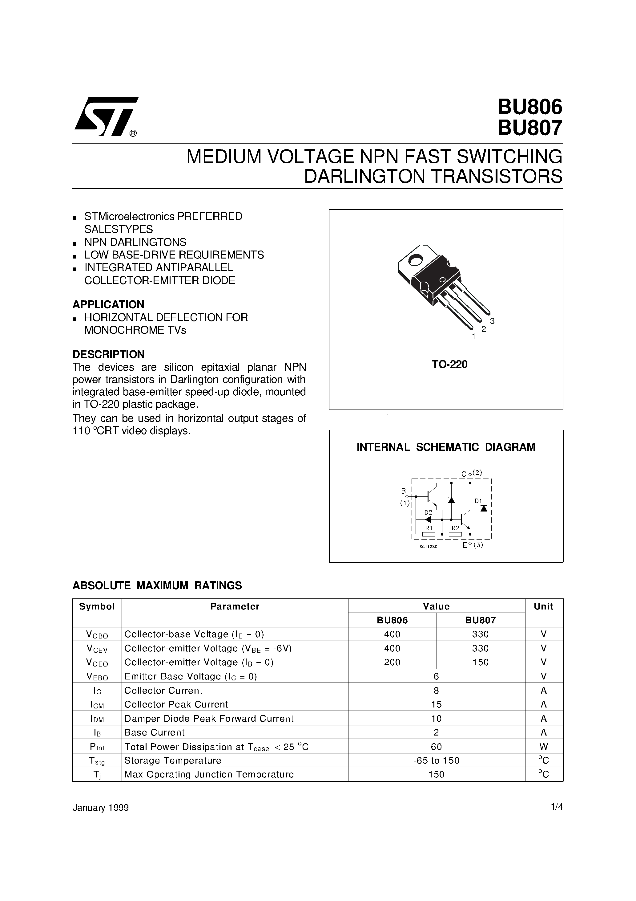 Даташит BU806 - MEDIUM VOLTAGE NPN FAST SWITCHING DARLINGTON TRANSISTORS страница 1