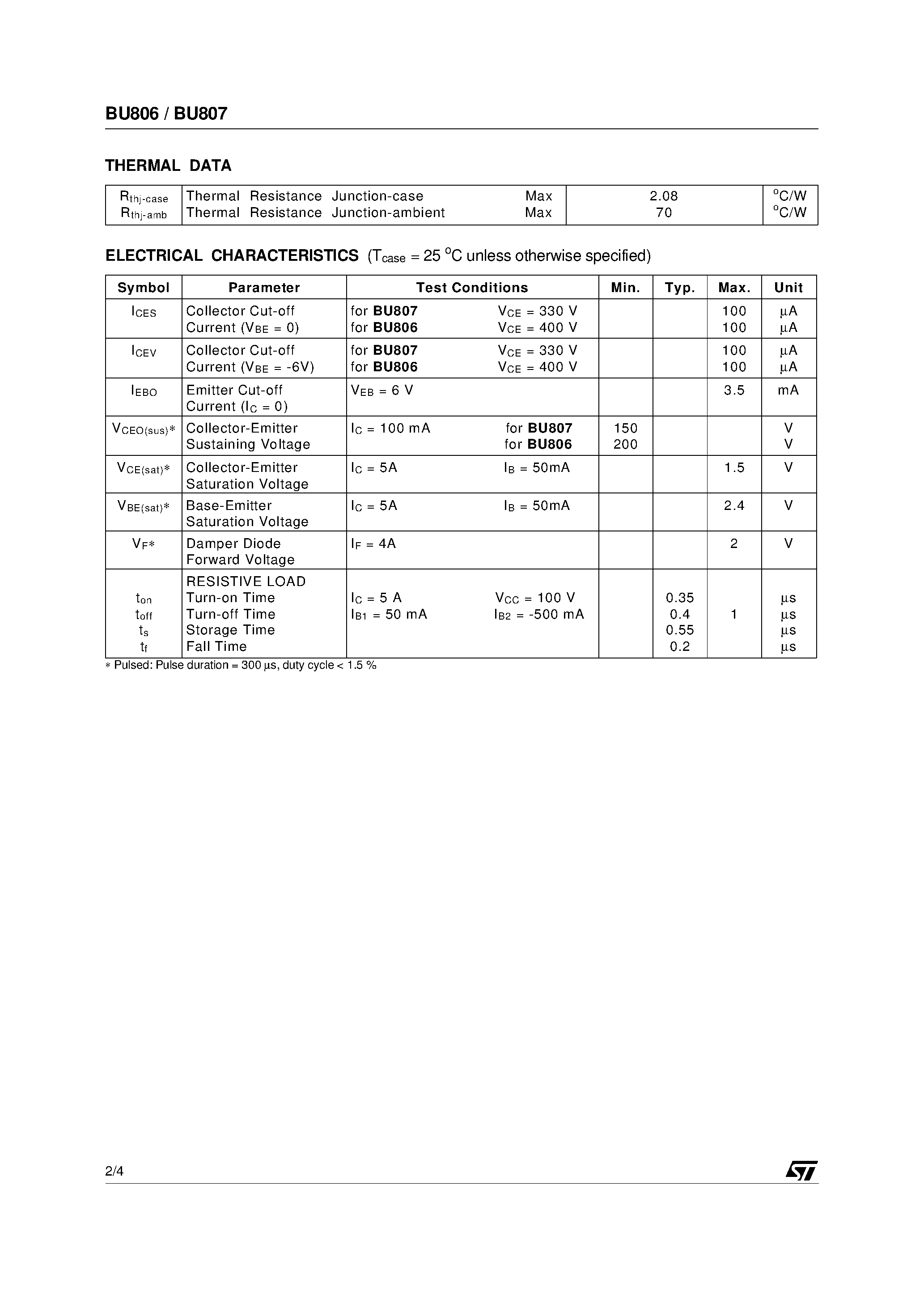 Даташит BU807 - MEDIUM VOLTAGE NPN FAST SWITCHING DARLINGTON TRANSISTORS страница 2