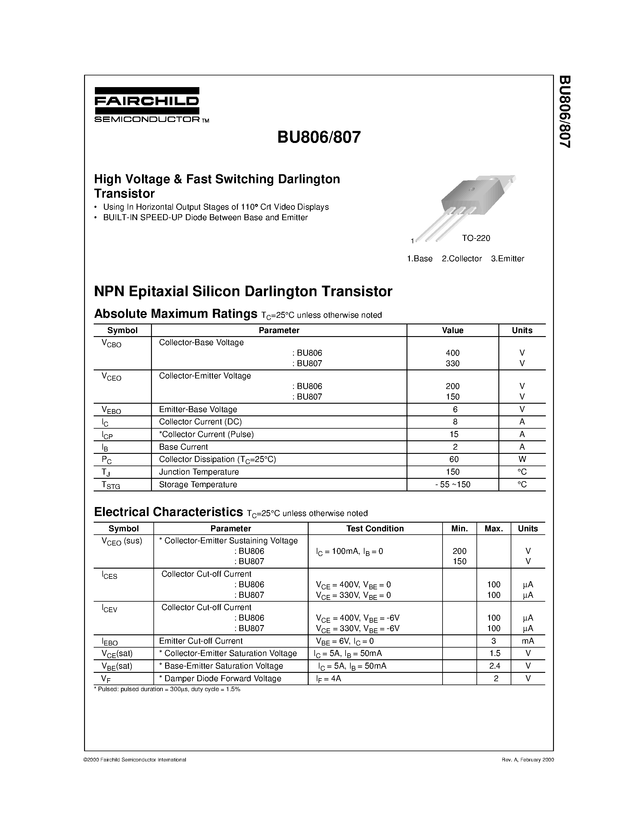Даташит на микросхему BU807 страница 1 Даташит BU807 - High Voltage & Fast Switching Darlington Transistor страница 1