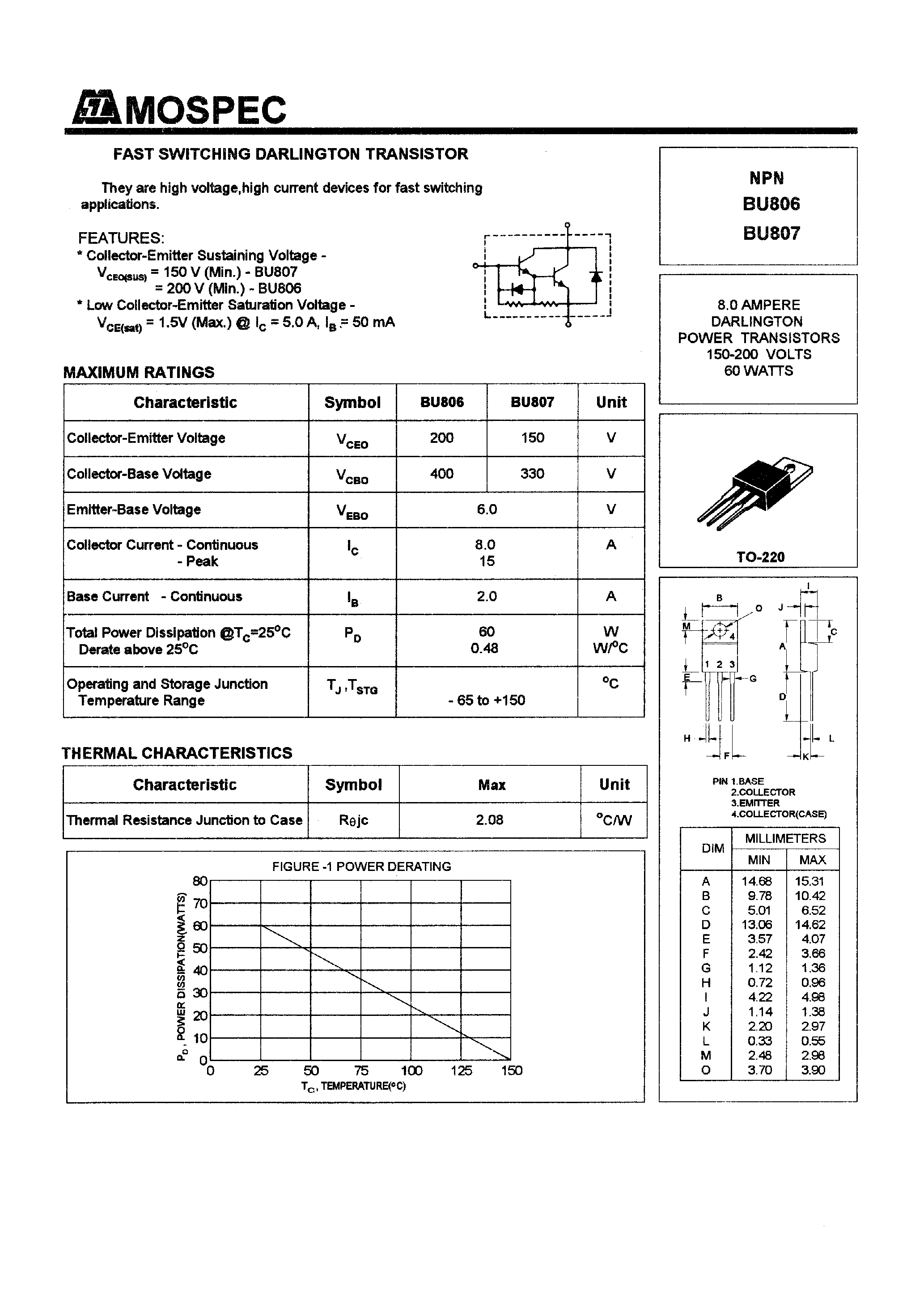 Datasheet BU807 - POWER TRANSISTORS(8.0A/150-200V/60W) page 1