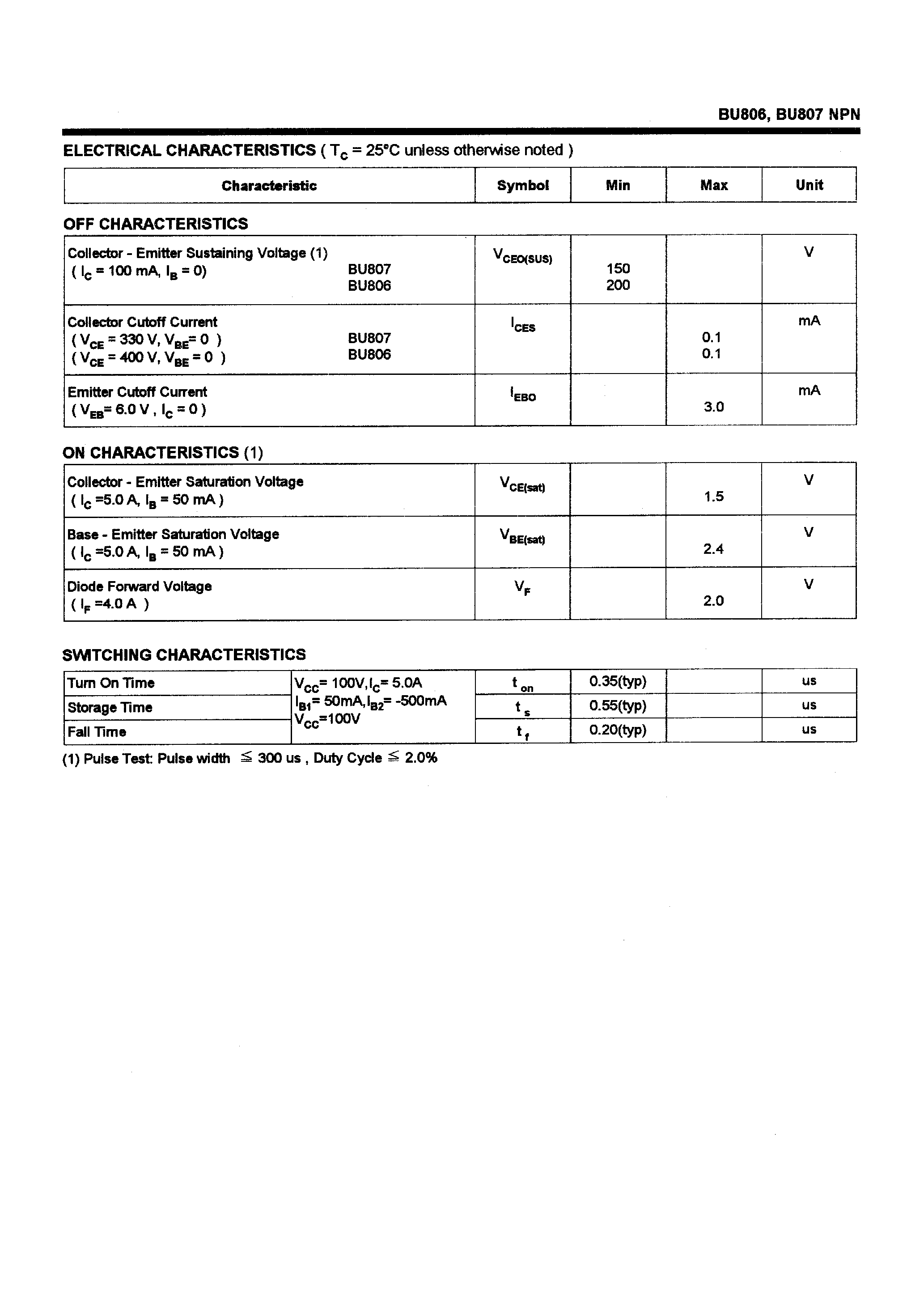 Datasheet BU807 - POWER TRANSISTORS(8.0A/150-200V/60W) page 2