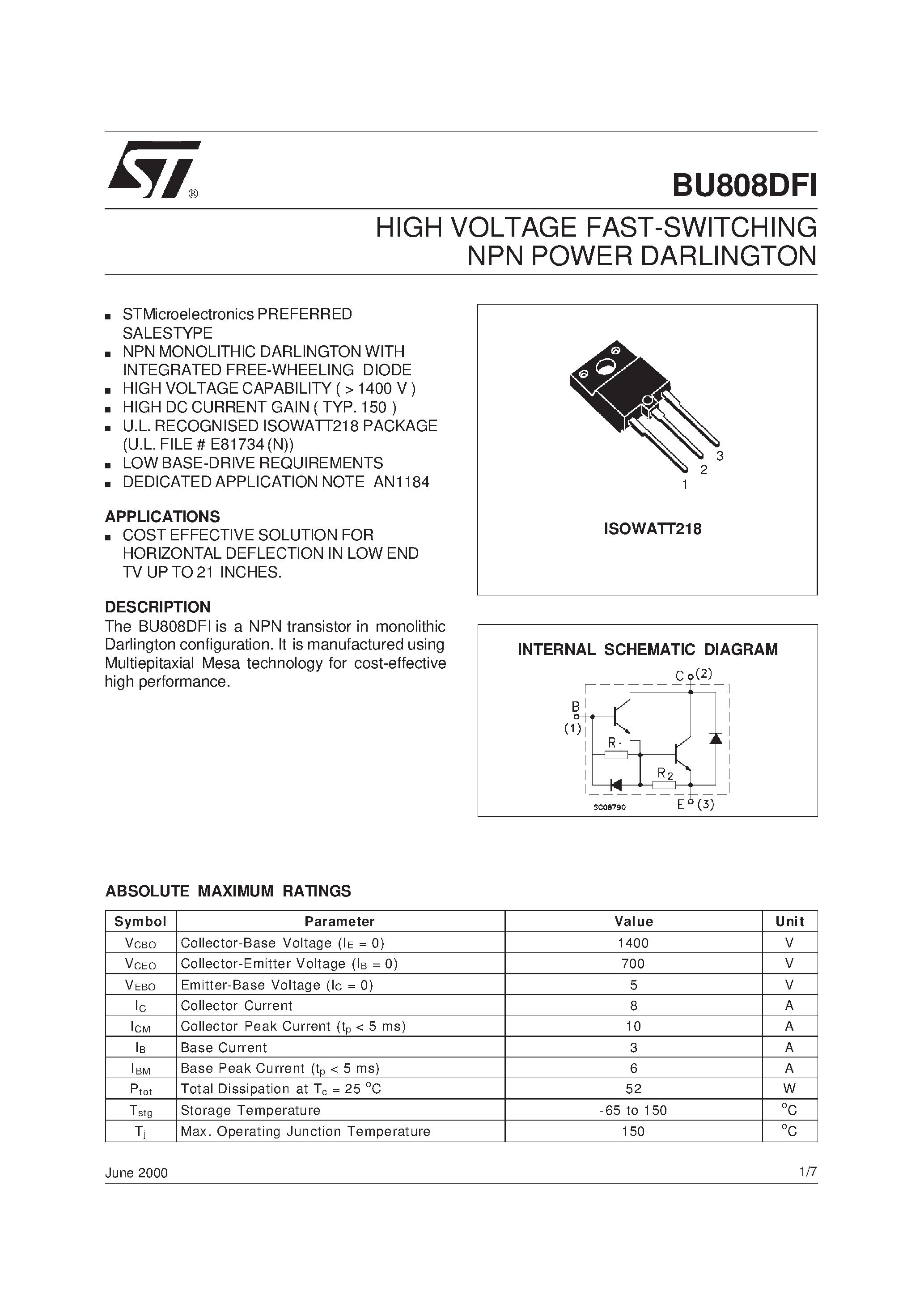 Даташит на микросхему BU808 страница 1 Даташит BU808 - HIGH VOLTAGE FAST-SWITCHING NPN POWER DARLINGTON страница 1