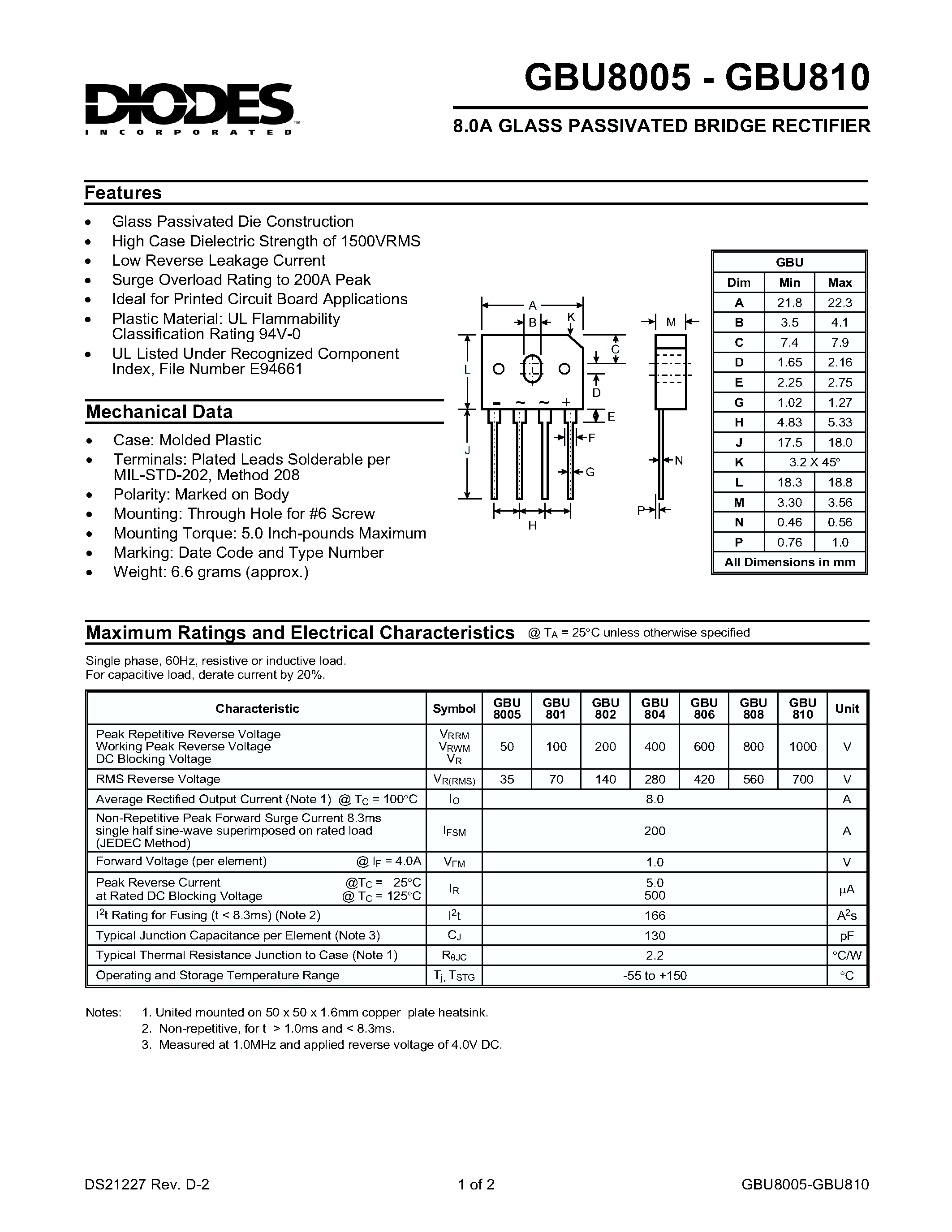 Даташит на микросхему BU808 страница 1 Даташит BU808 - 8.0A GLASS PASSIVATED BRIDGE RECTIFIER страница 1