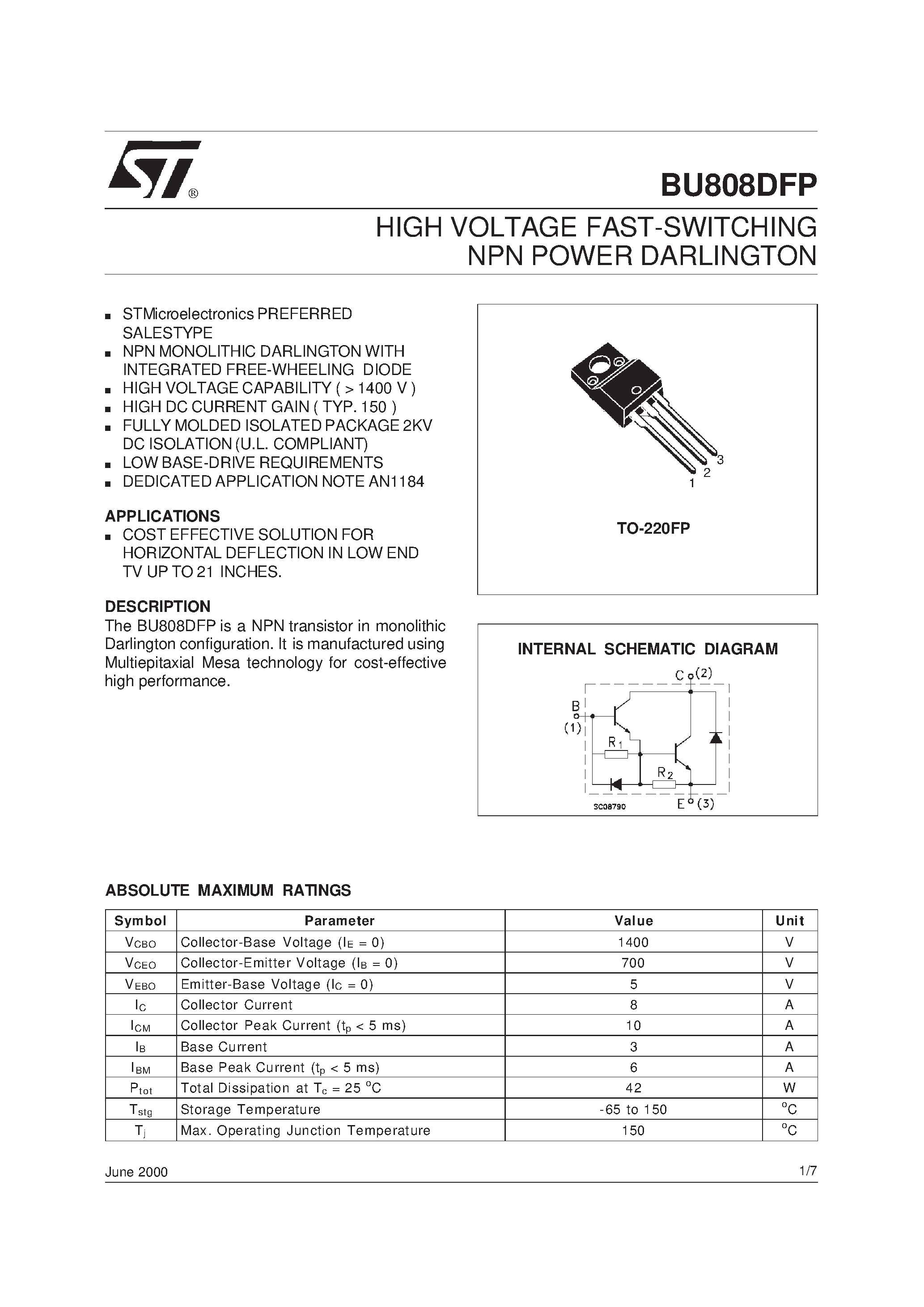 Даташит на микросхему BU808DFP страница 1 Даташит BU808DFP - HIGH VOLTAGE FAST-SWITCHING NPN POWER DARLINGTON страница 1