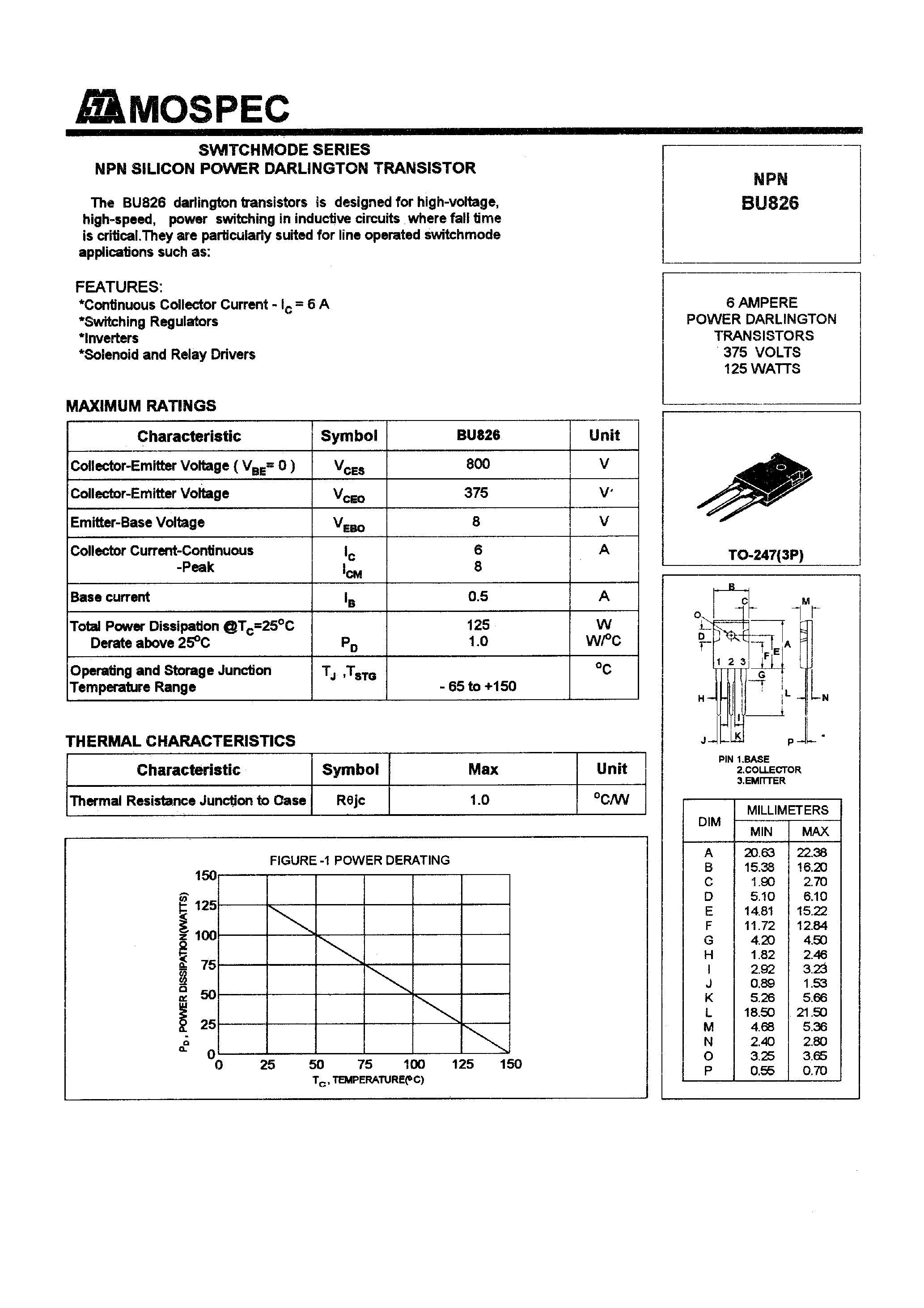 Даташит BU826 - POWER TRANSISTORS(6A/375V/125W) страница 1