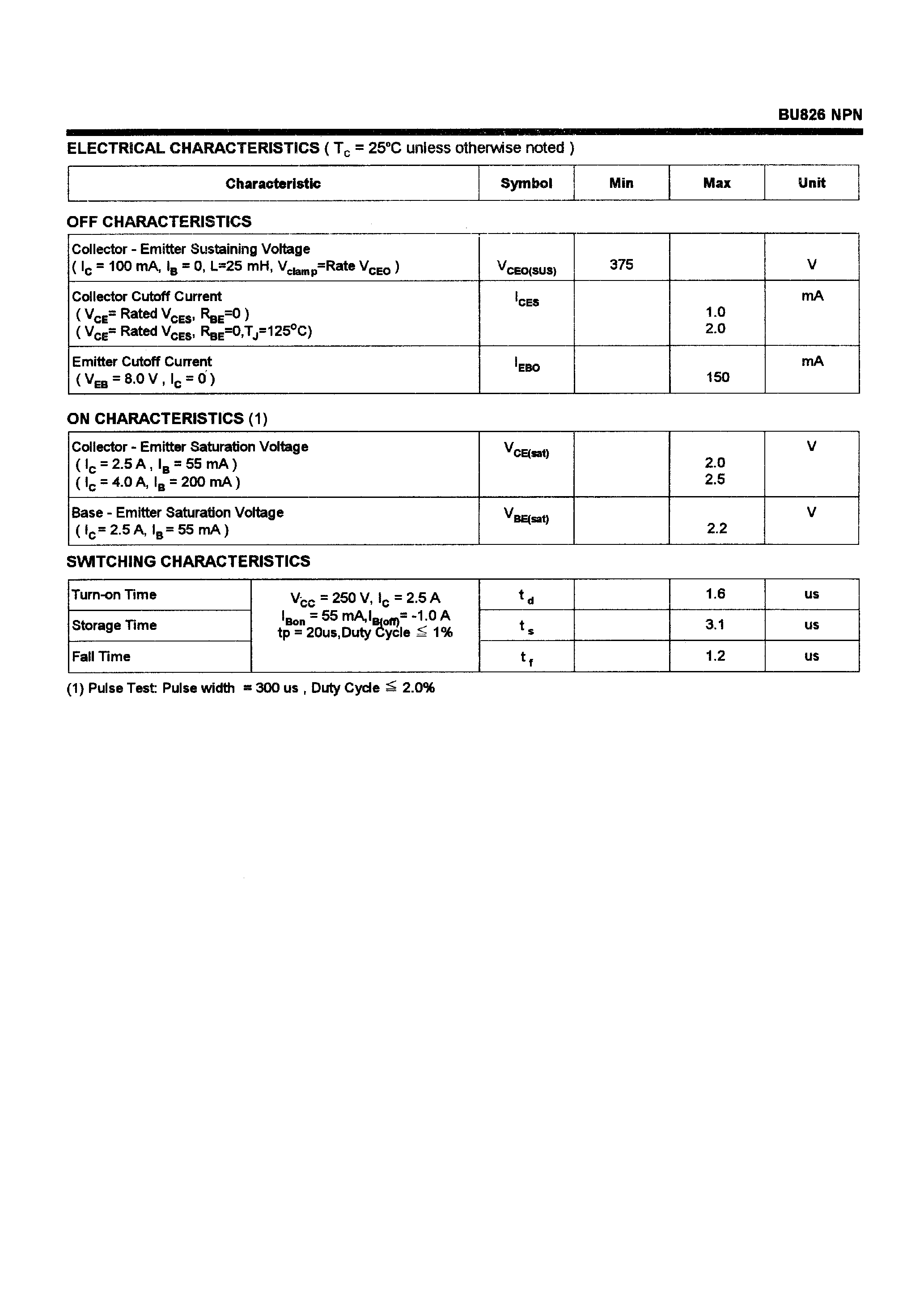 Даташит BU826 - POWER TRANSISTORS(6A/375V/125W) страница 2