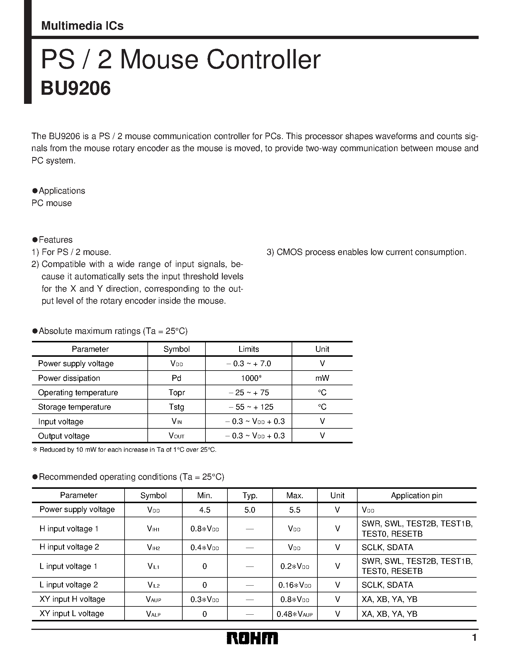 Даташит на микросхему BU9206 страница 1 Даташит BU9206 - PS / 2 Mouse Controller страница 1