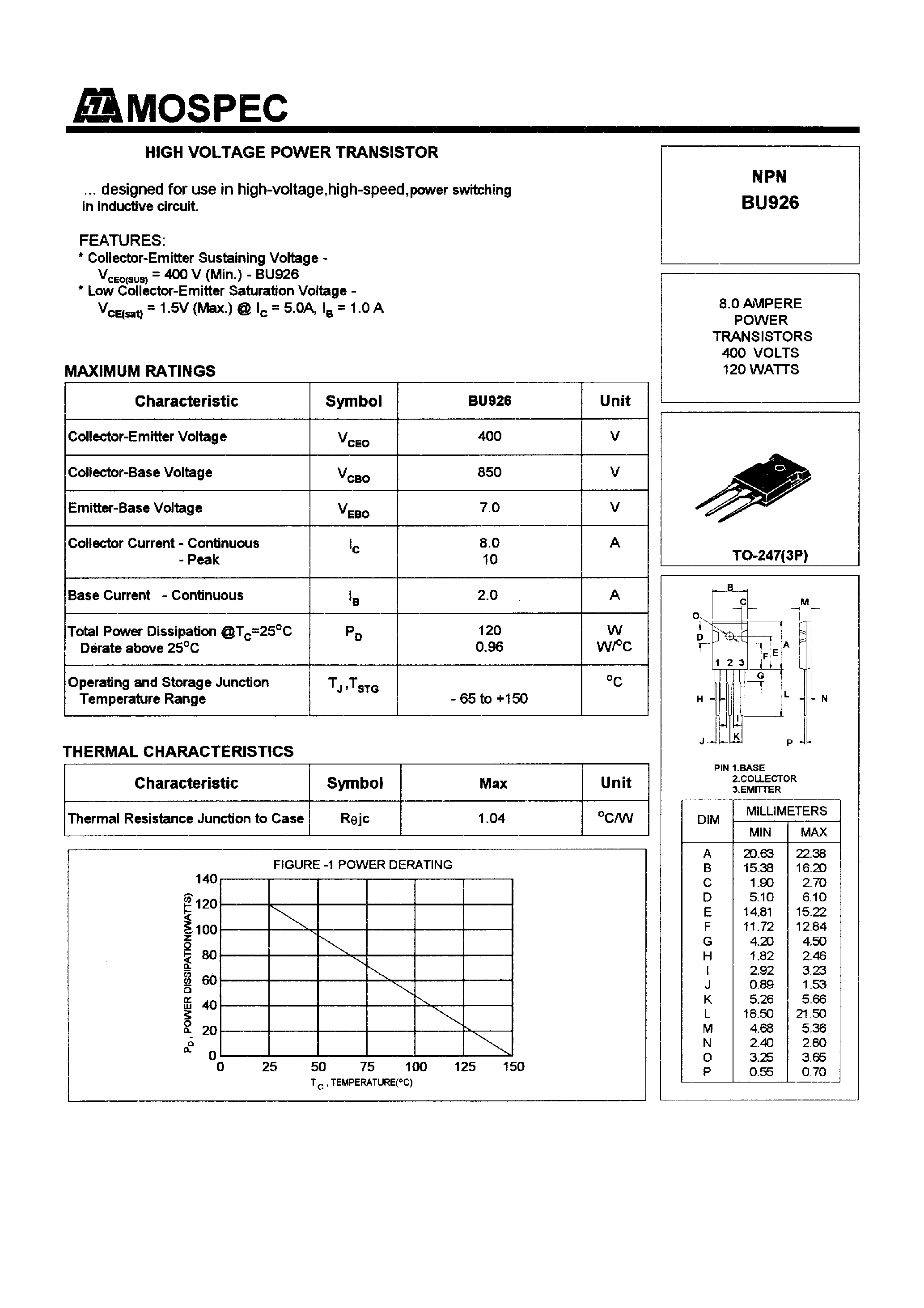 Даташит BU926 - POWER TRANSISTORS(8.0A/400V/120W) страница 1