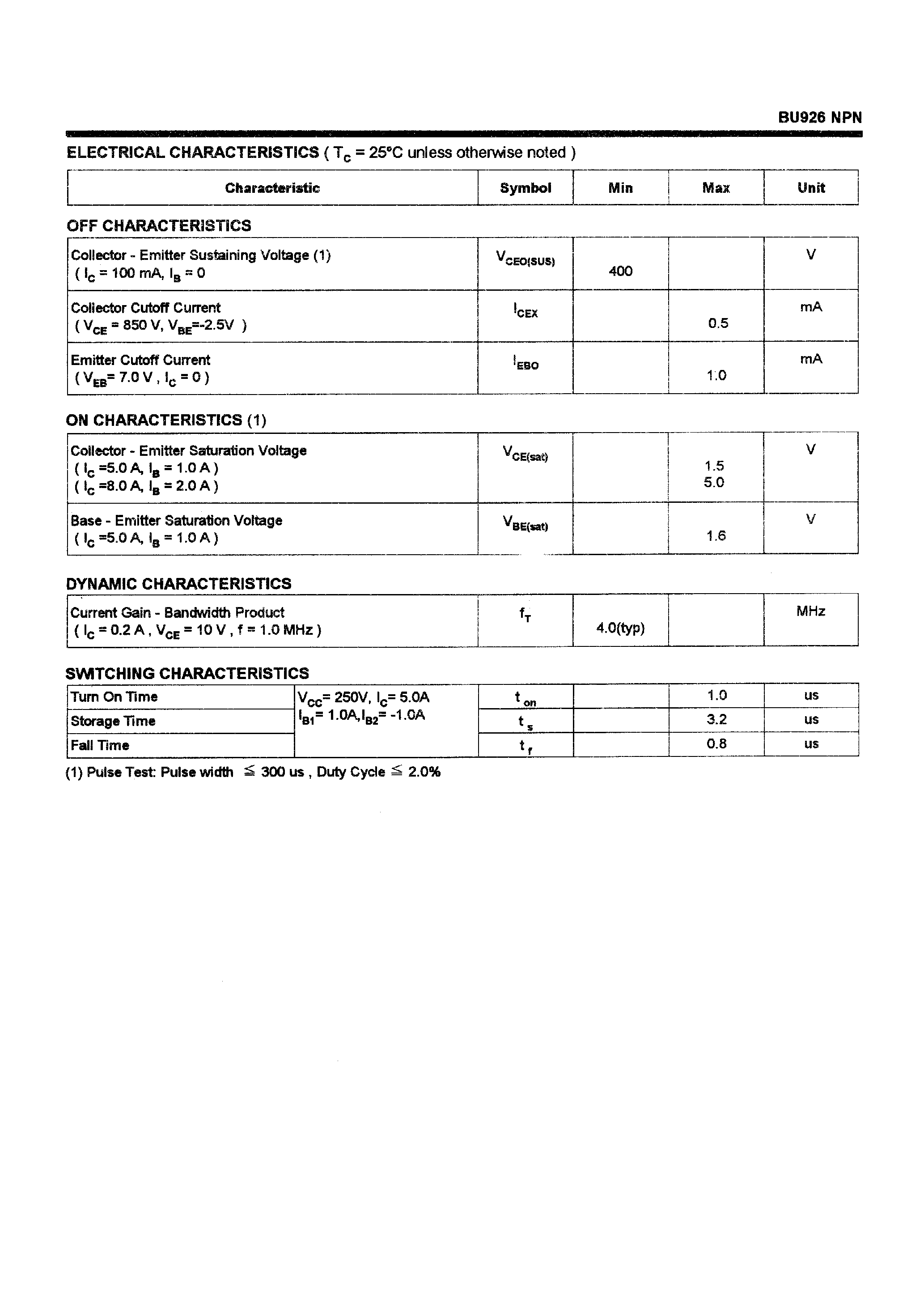 Даташит BU926 - POWER TRANSISTORS(8.0A/400V/120W) страница 2