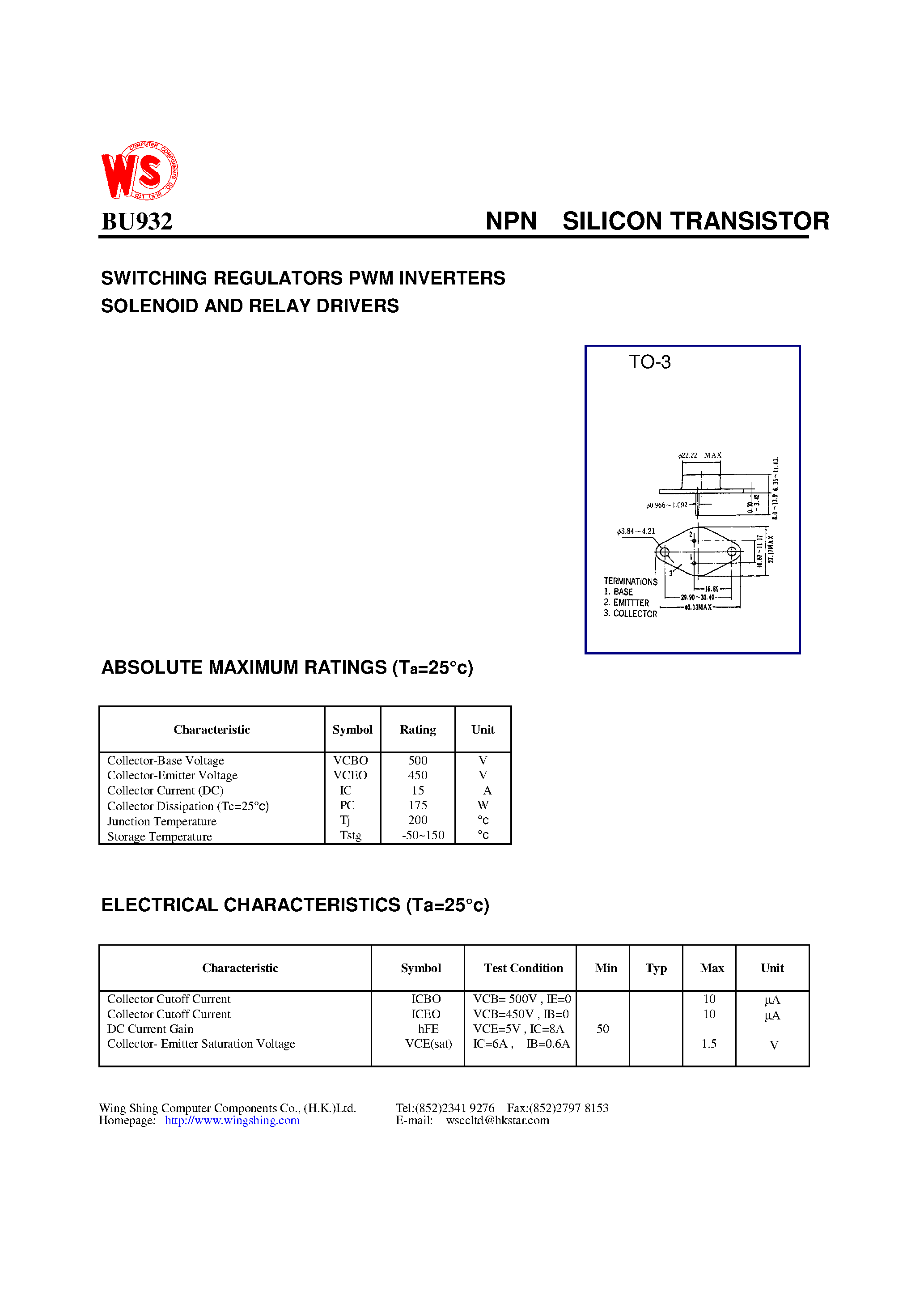 Даташит BU932 - NPN SILICON TRANSISTOR(SWITCHING REGULATORS PWM INVERTERS SOLENOID AND RELAY DRIVERS) страница 1