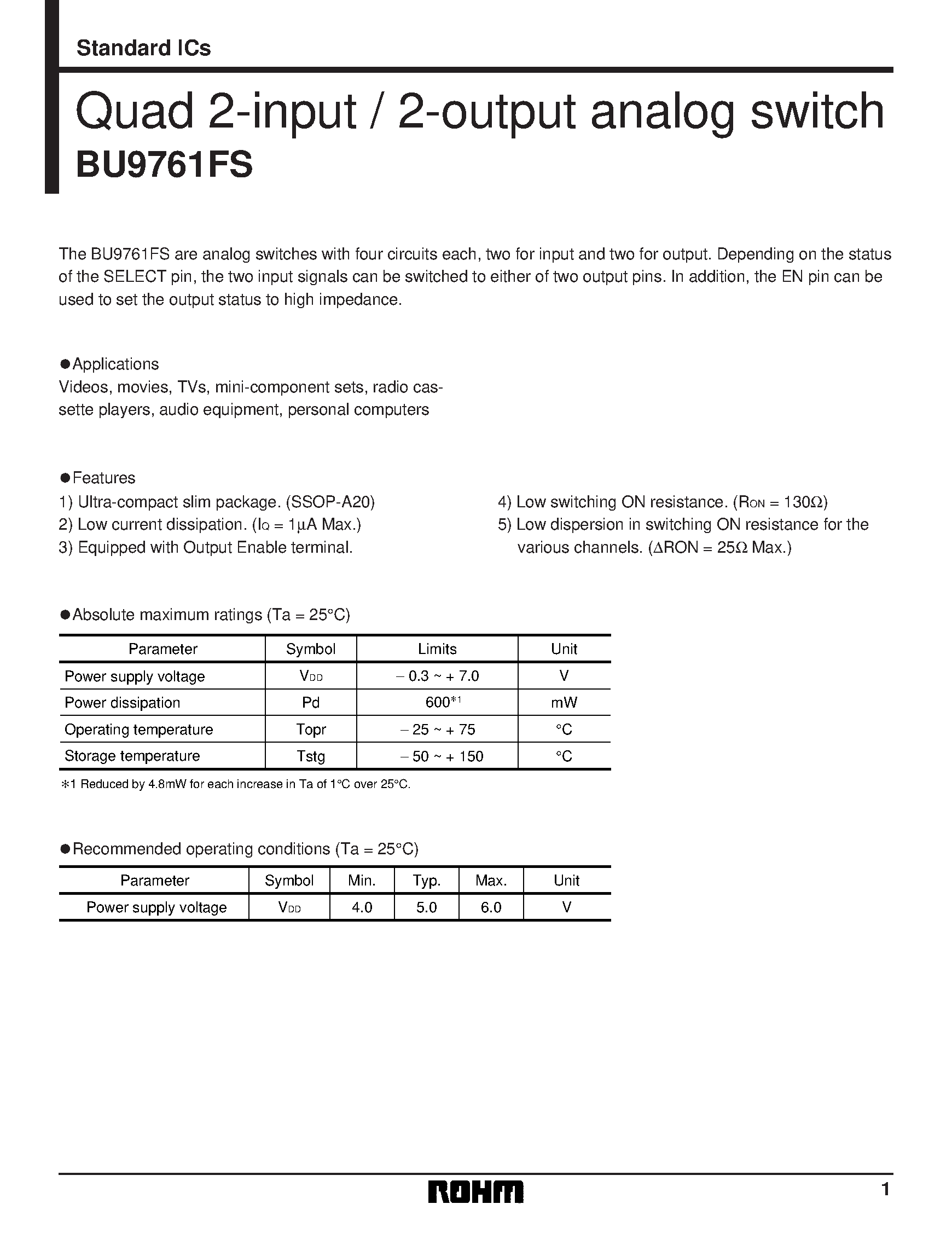 Datasheet BU9761FS - Quad 2-input / 2-output analog switch page 1