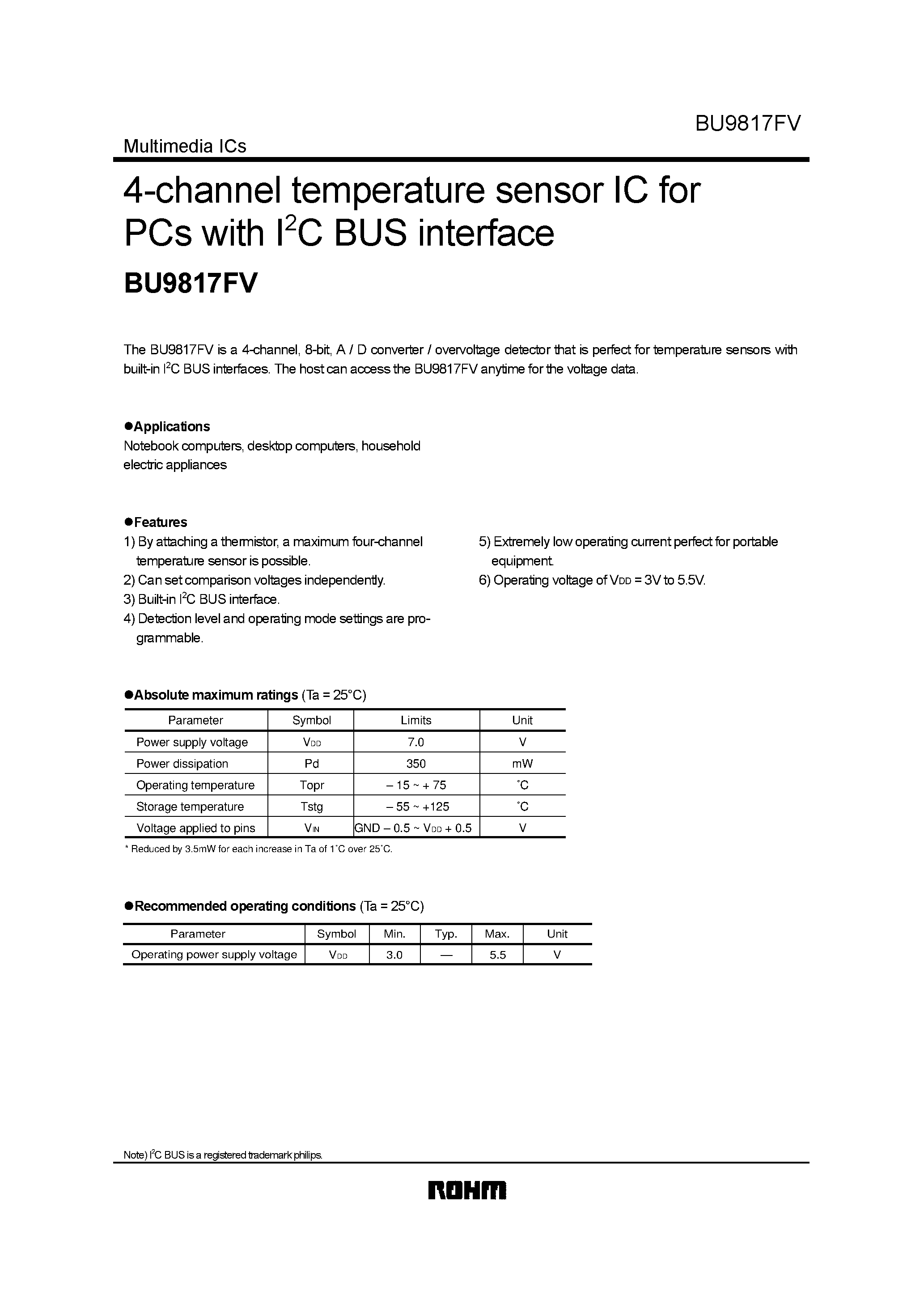 Datasheet BU9817FV - 4-channel temperature sensor IC for PCs with I2C BUS interface page 1