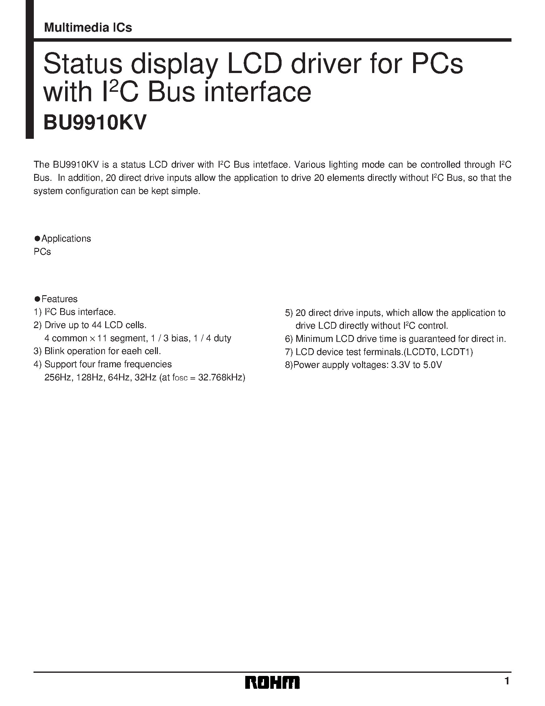 Datasheet BU9910KV - Status display LCD driver for PCs with I2C Bus interface page 1
