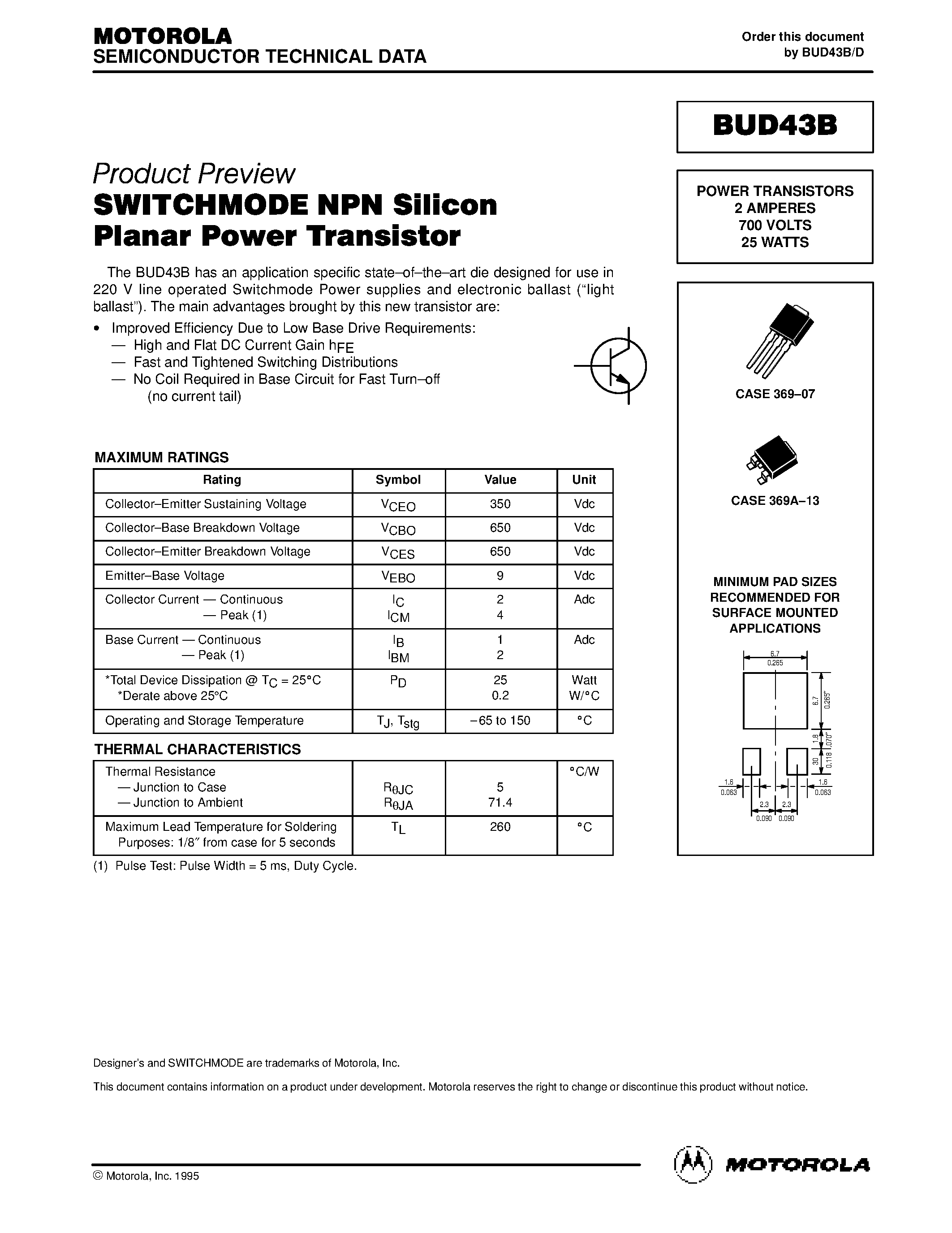 Даташит BUD43B - POWER TRANSISTORS 2 AMPERES 700 VOLTS 25 WATTS страница 1