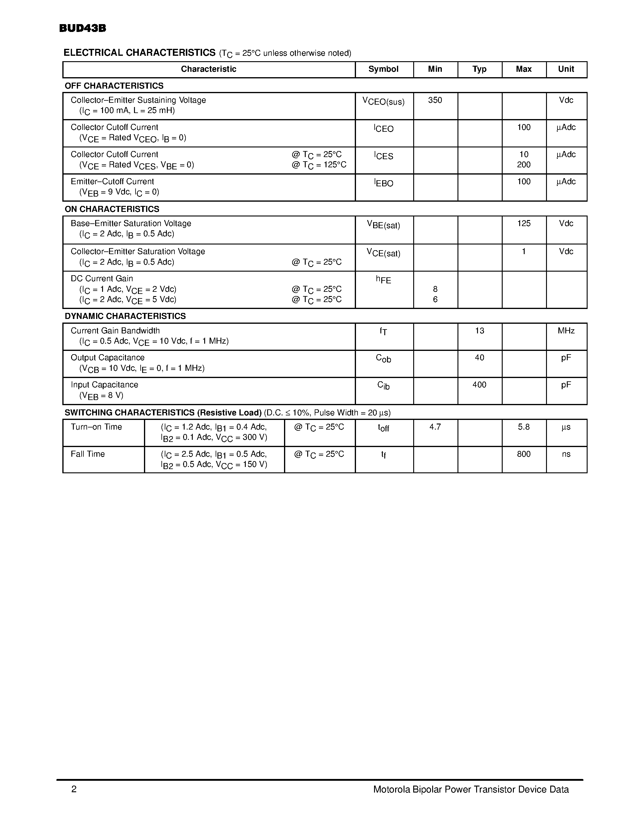 Даташит BUD43B - POWER TRANSISTORS 2 AMPERES 700 VOLTS 25 WATTS страница 2