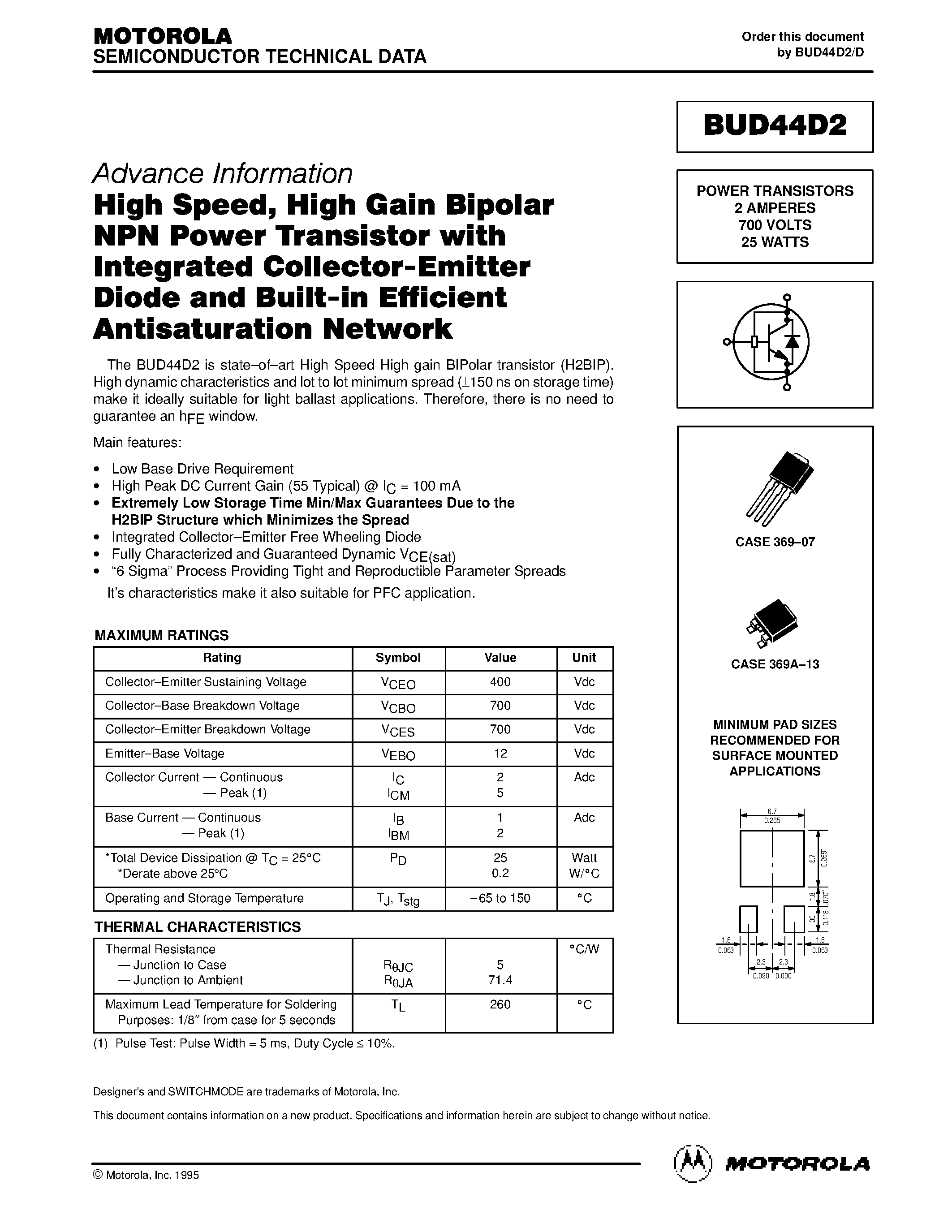 Даташит BUD44D2 - POWER TRANSISTORS 2 AMPERES 700 VOLTS 25 WATTS страница 1