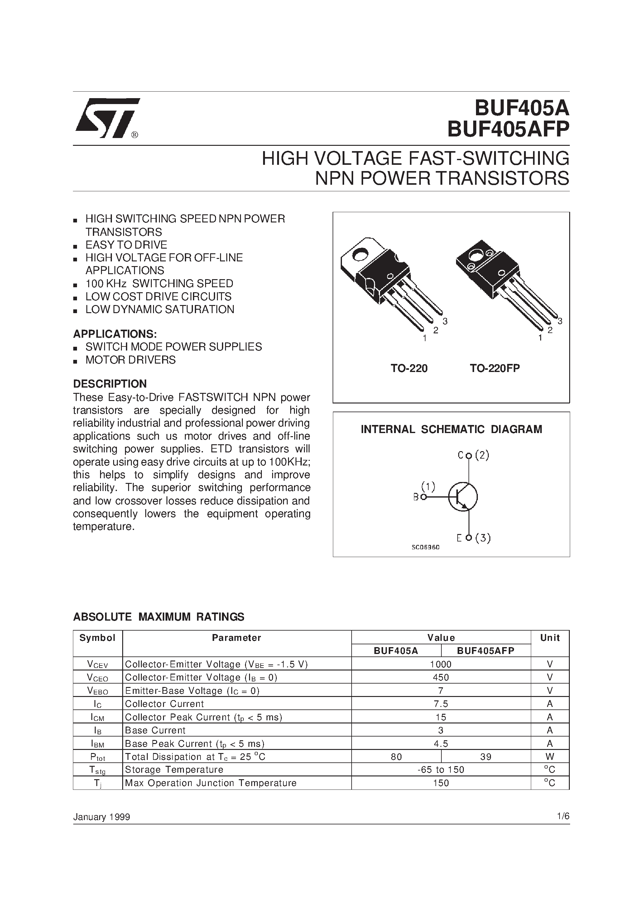 Даташит BUF405AFP - HIGH VOLTAGE FAST-SWITCHING NPN POWER TRANSISTORS страница 1