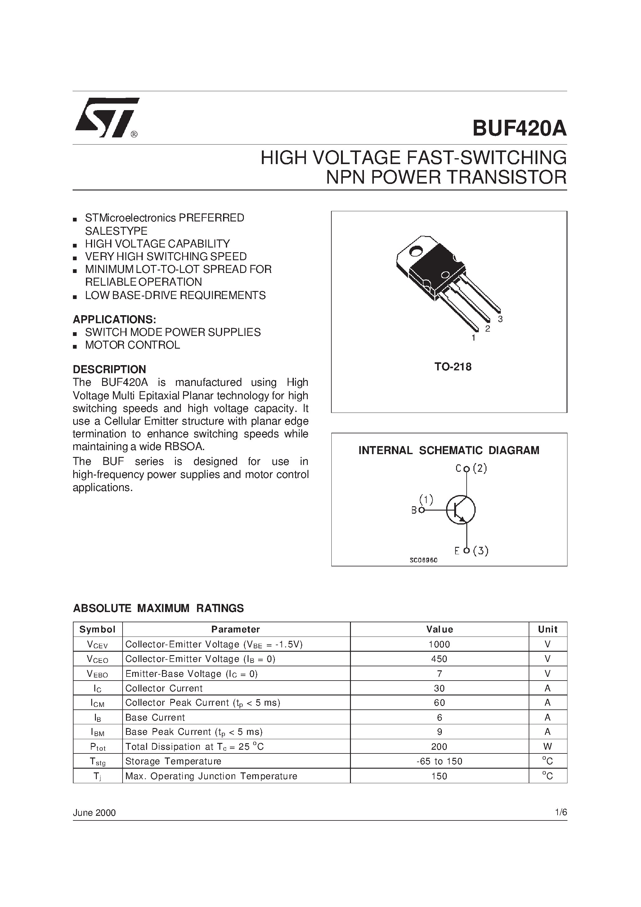 Даташит BUF420A - HIGH VOLTAGE FAST-SWITCHING NPN POWER TRANSISTOR страница 1