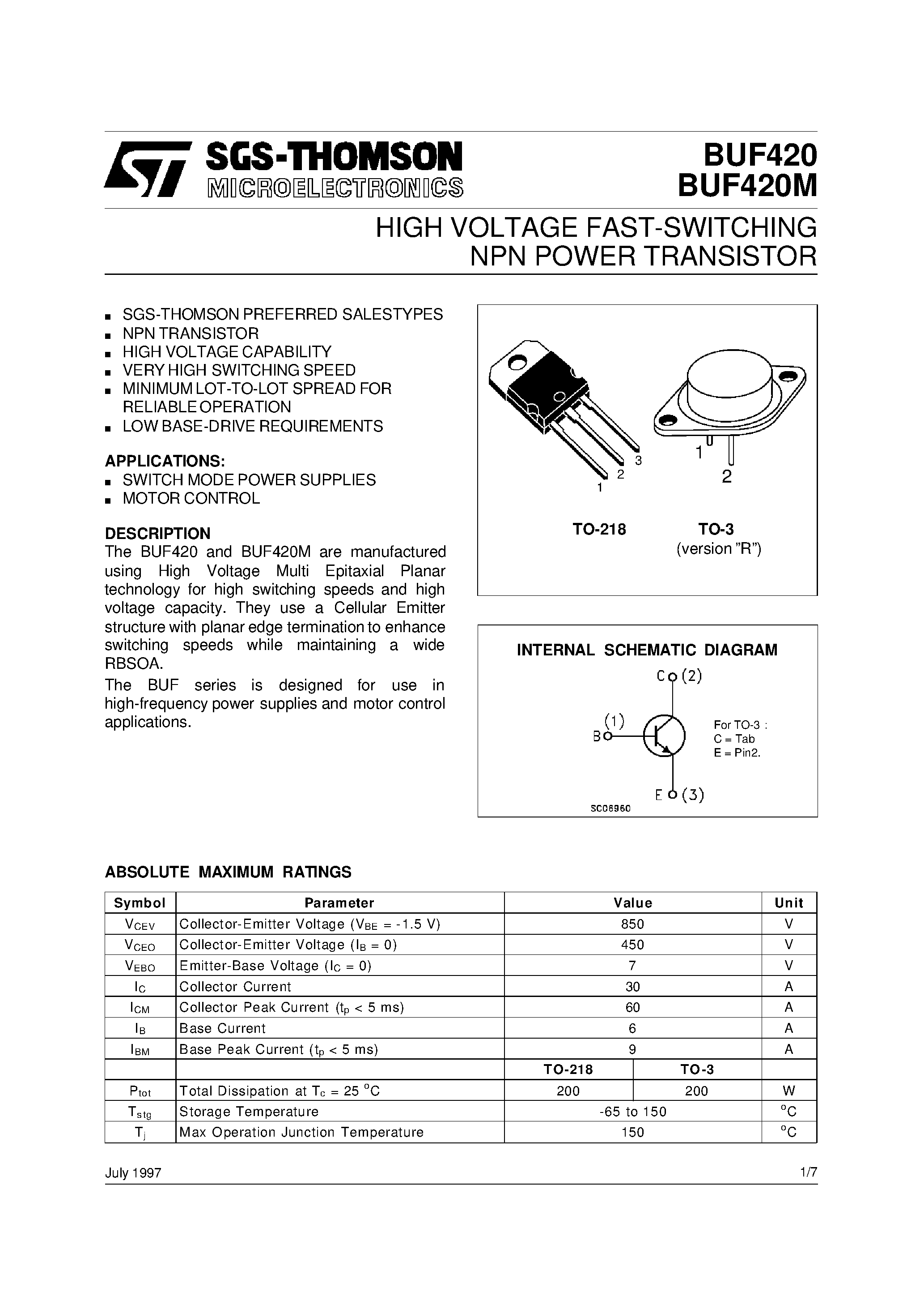 Даташит на микросхему BUF420M страница 1 Даташит BUF420M - HIGH VOLTAGE FAST-SWITCHING NPN POWER TRANSISTOR страница 1