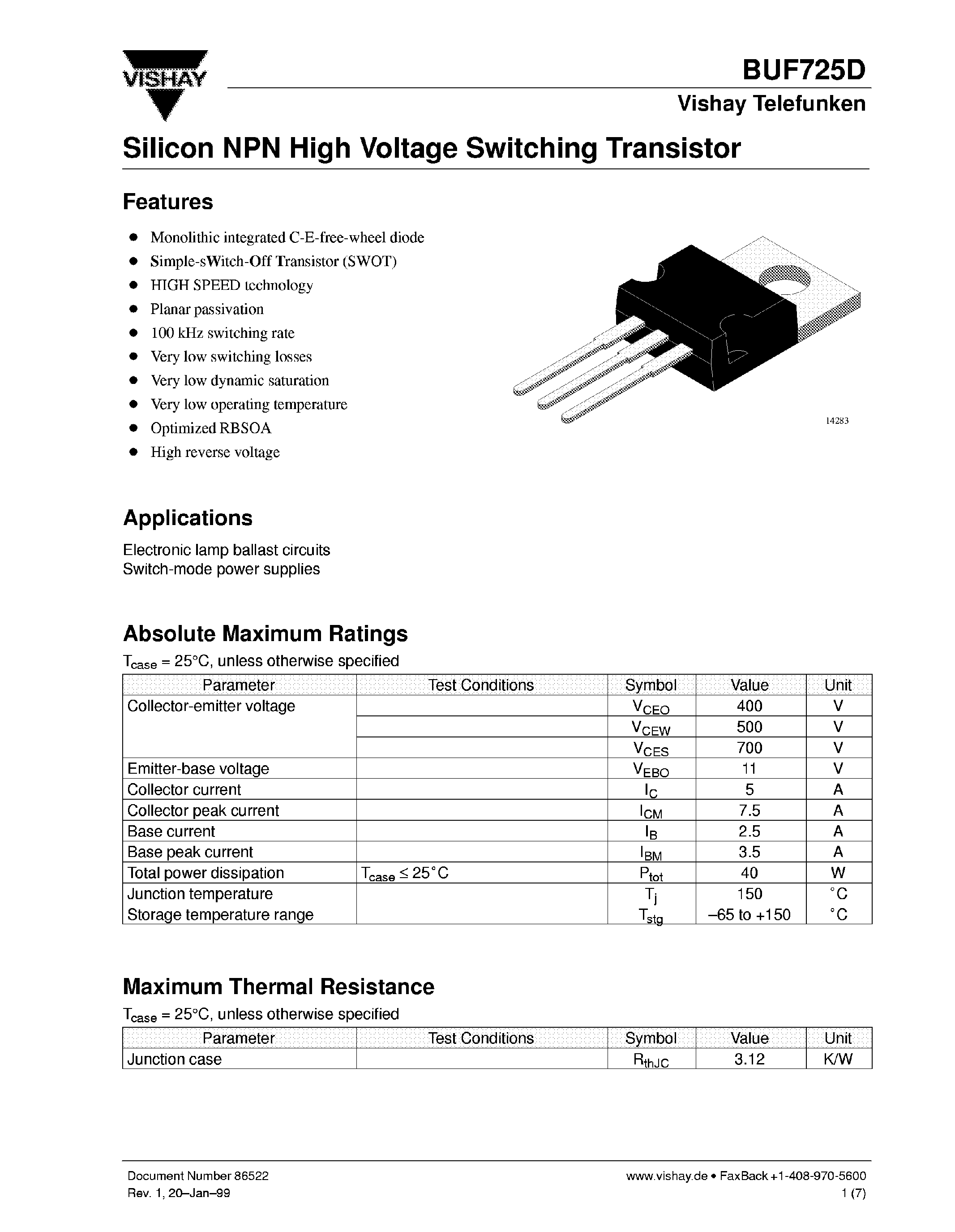 Даташит BUF725D - SILICON NPN HIGH VOLTAGE SWITCHING TRANSISTOR страница 1