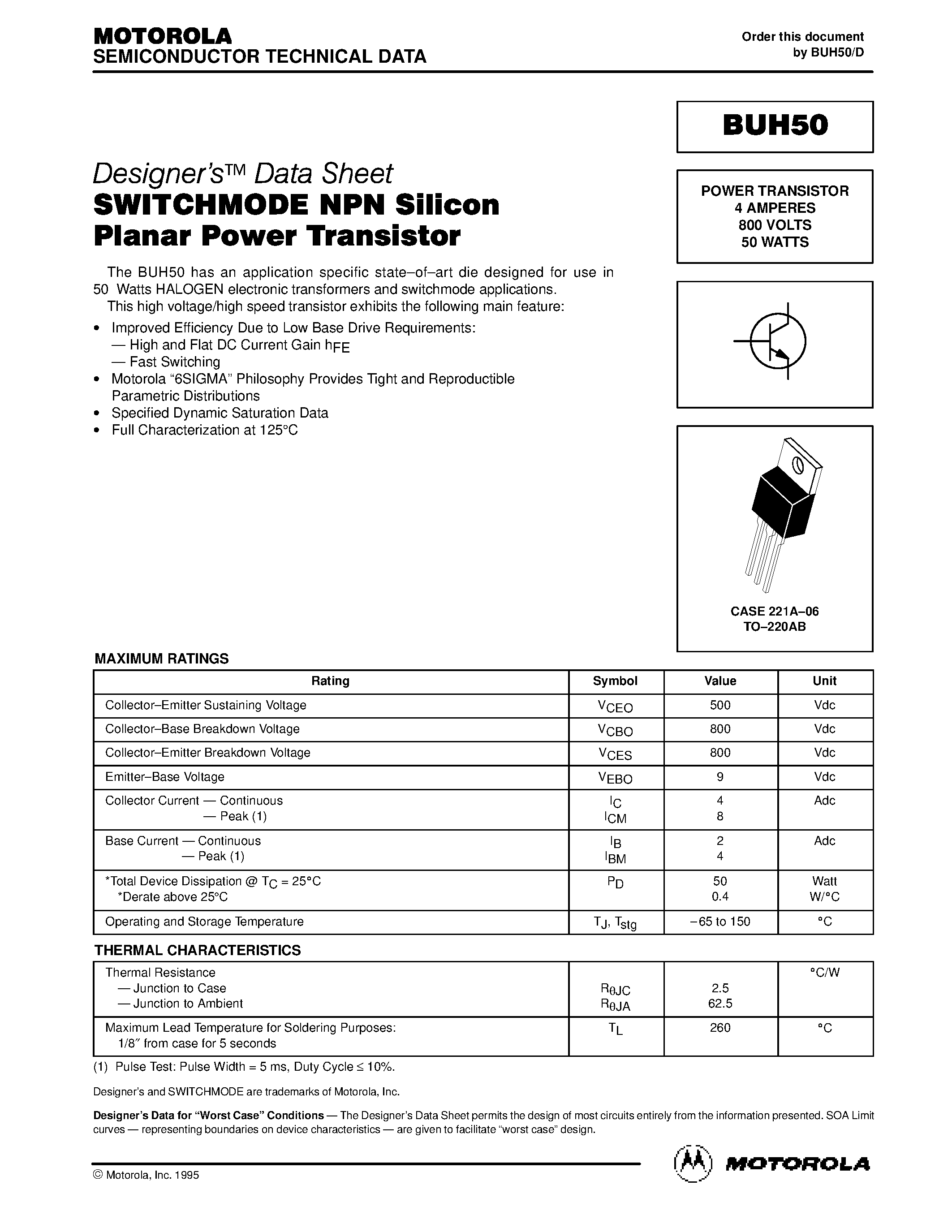 Datasheet BUH50 - POWER TRANSISTOR 4 AMPERES 800 VOLTS 50 WATTS page 1