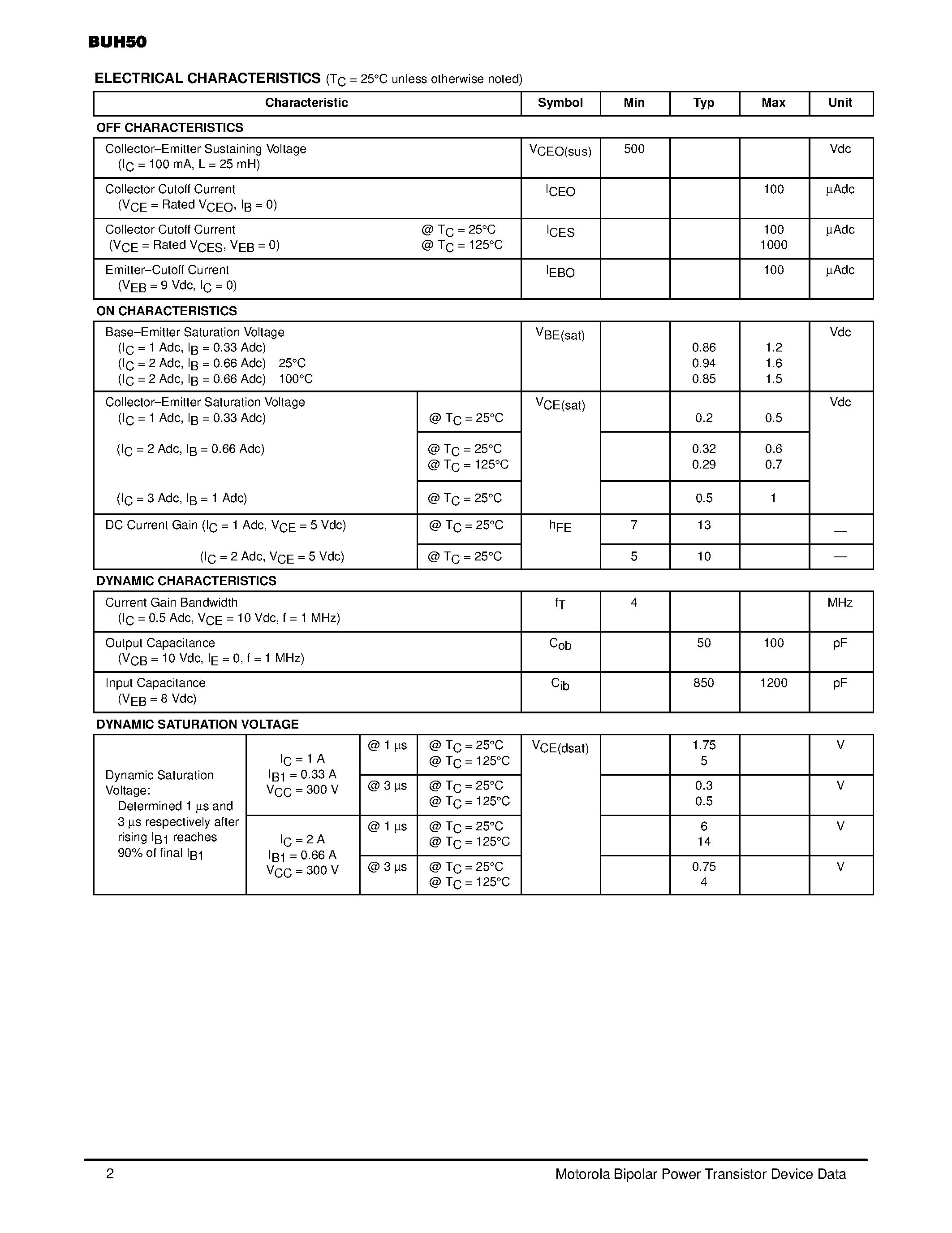Datasheet BUH50 - POWER TRANSISTOR 4 AMPERES 800 VOLTS 50 WATTS page 2