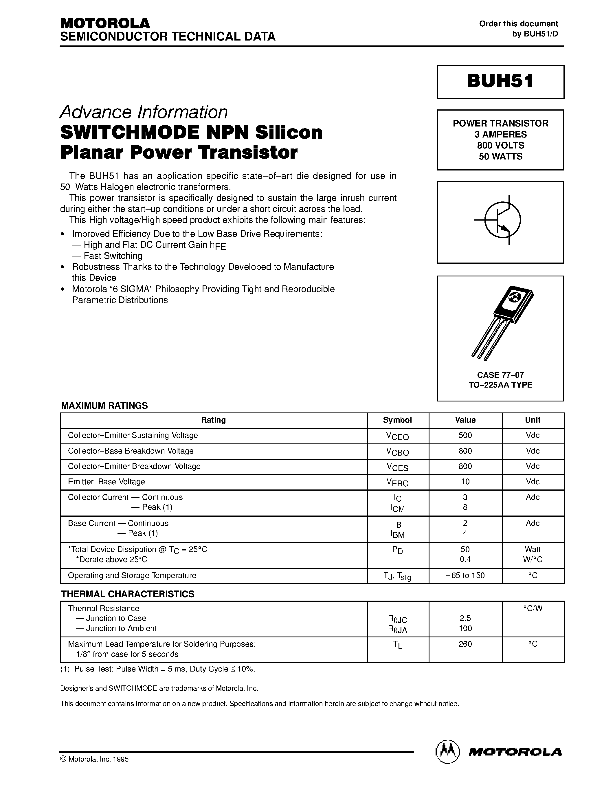 Datasheet BUH51 page 1 Datasheet BUH51 - POWER TRANSISTOR 3 AMPERES 800 VOLTS 50 WATTS page 1