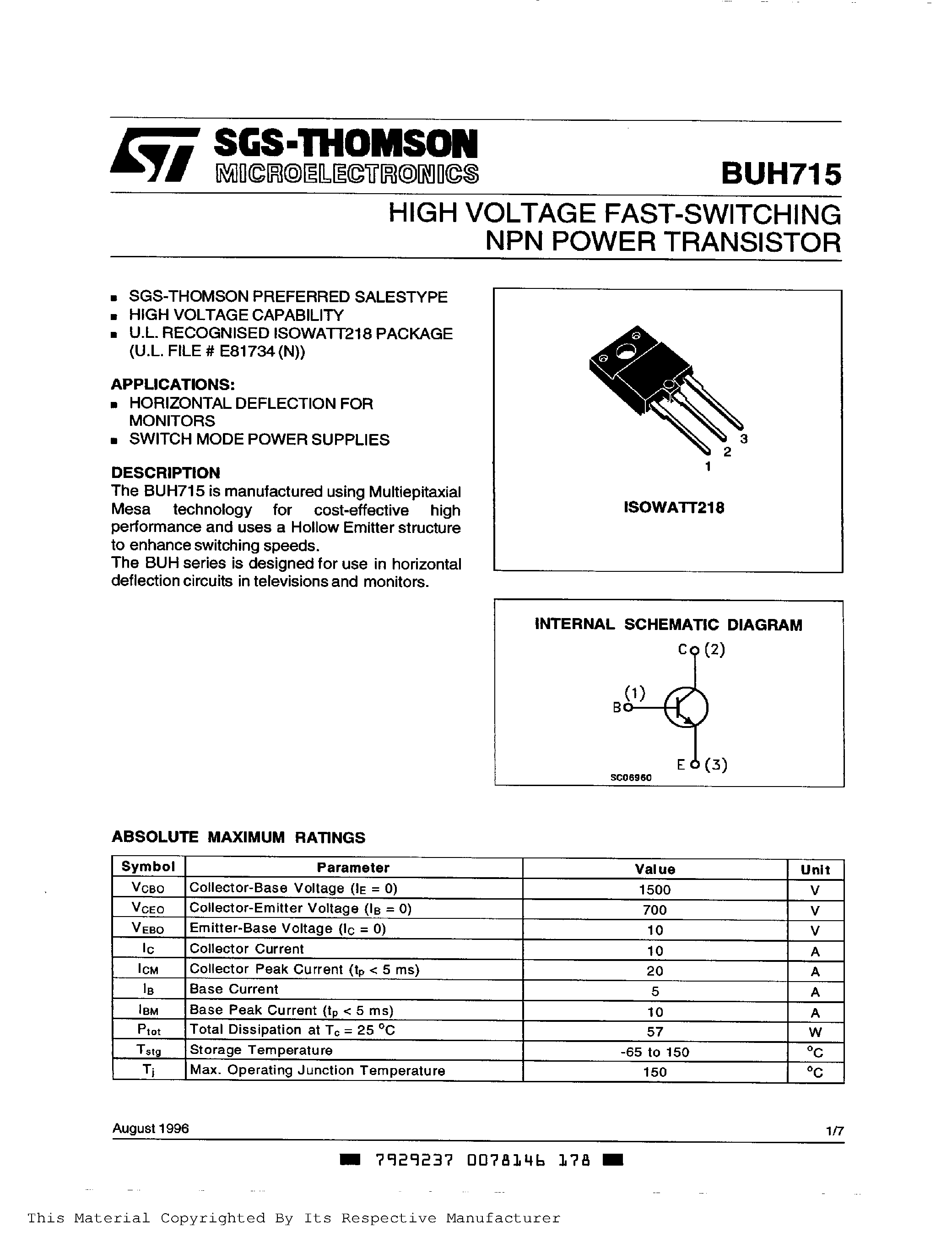 Даташит на микросхему BUH715 страница 1 Даташит BUH715 - HIGH VOLTAGE FAST-SWITCHING NPN POWER TRANSISTOR страница 1