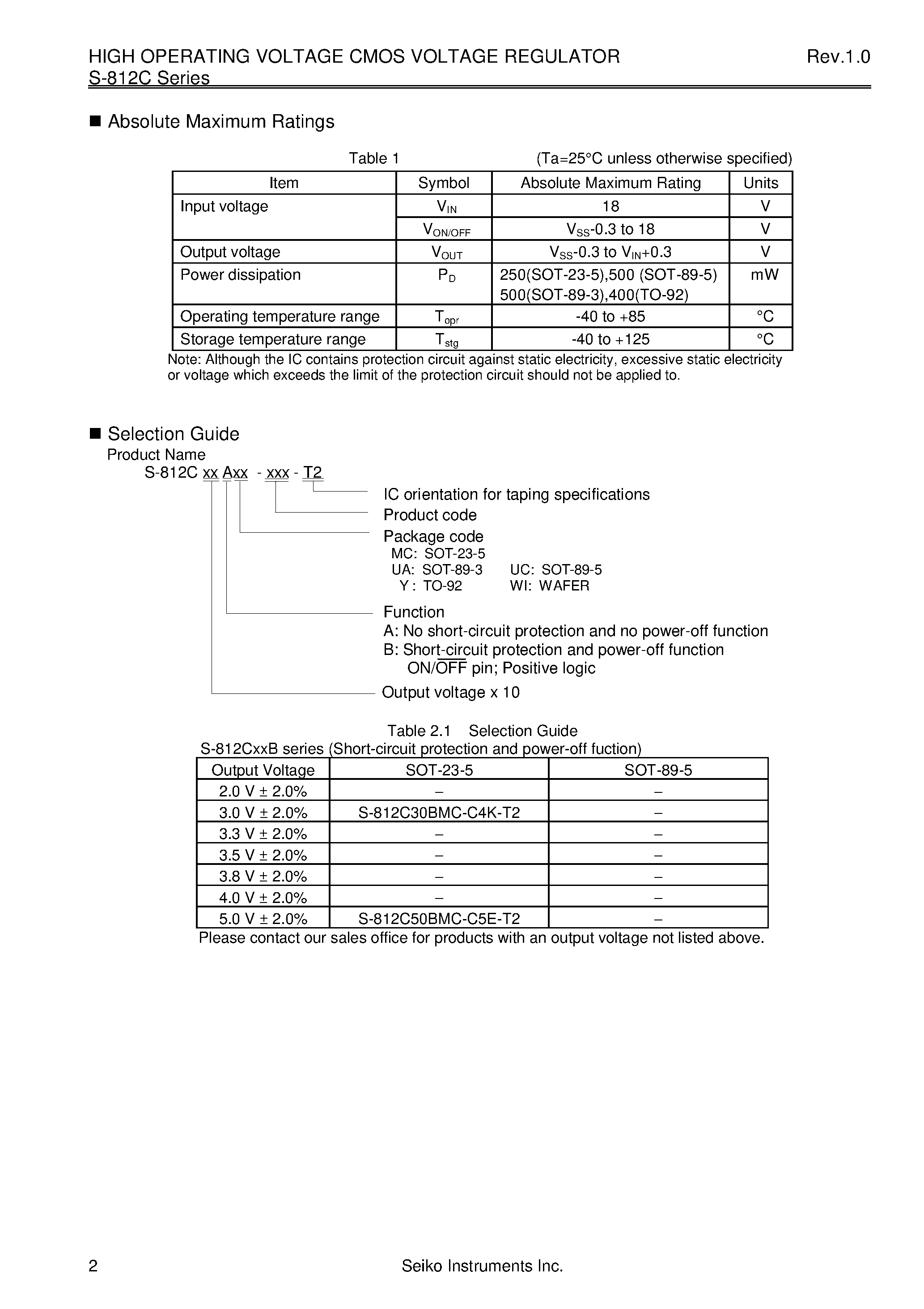Datasheet S-812C48AMC-C3C-T2 - HIGH OPERATING VOLTAGE CMOS VOLTAGE REGULATOR page 2