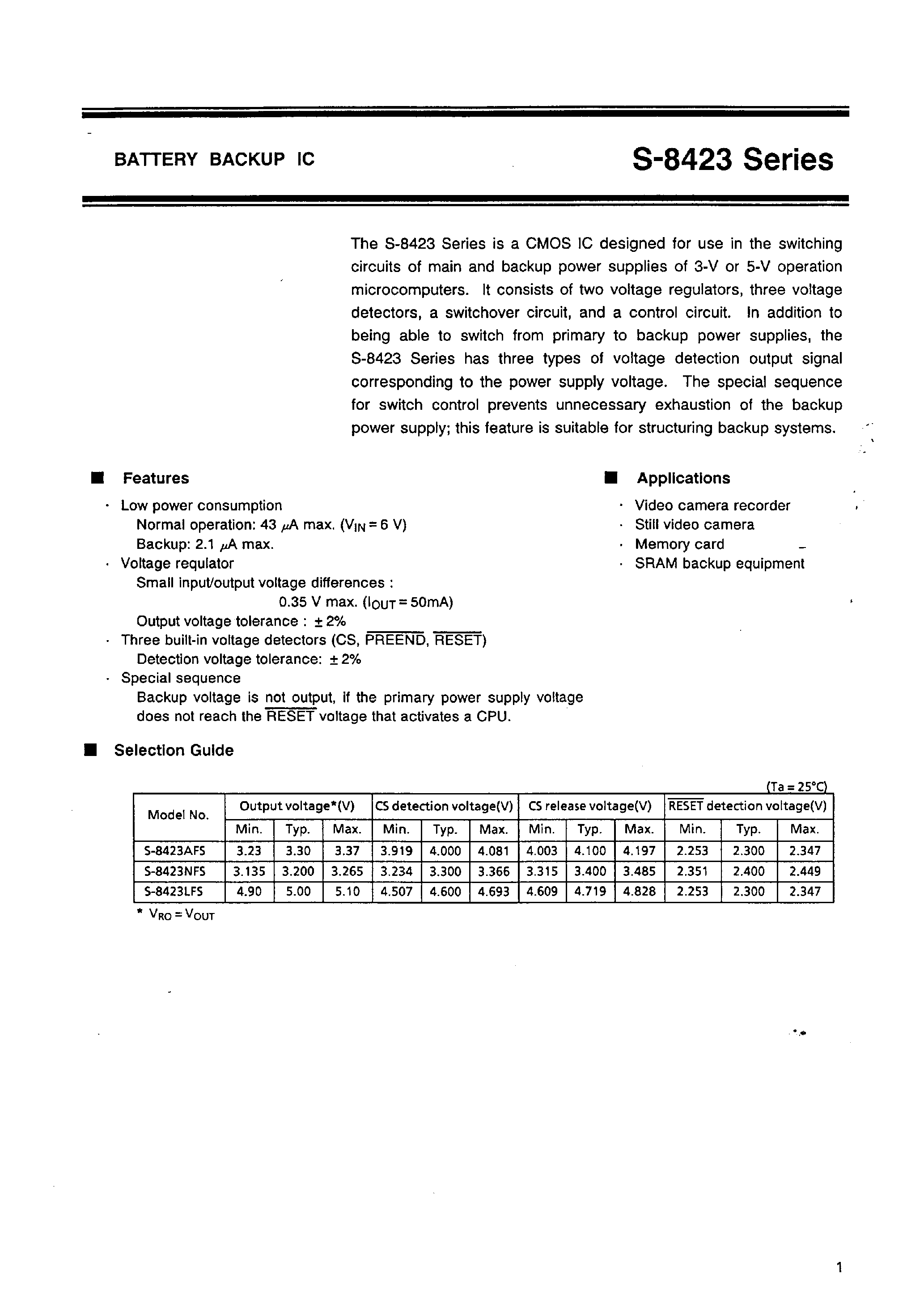 Datasheet S-8423 page 2 Datasheet S-8423 - BATTERY BACKUP IC page 2