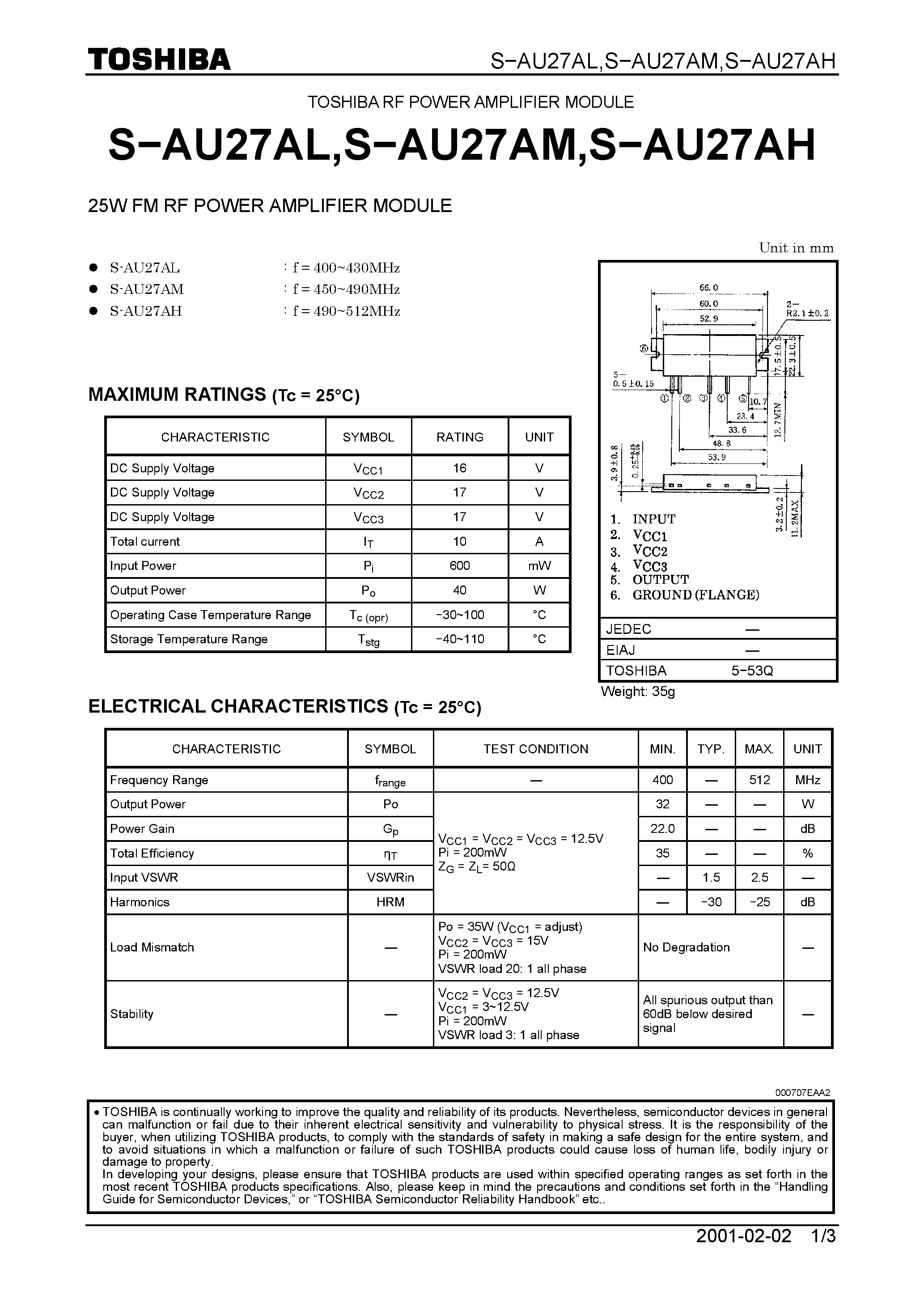 Datasheet S-AU27AH page 1 Datasheet S-AU27AH - 25W FM RF POWER AMPLIFIER MODULE page 1