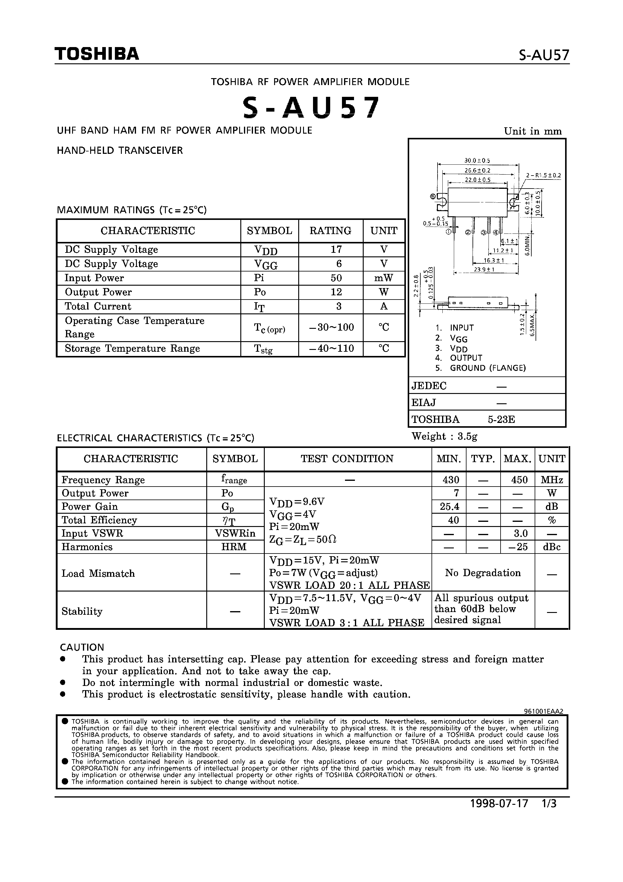 Datasheet S-AU57 - UHF BAND HAM FA RF POWER AMPLIFIER MODULE HAND-HELD TRANSCEIVER page 1