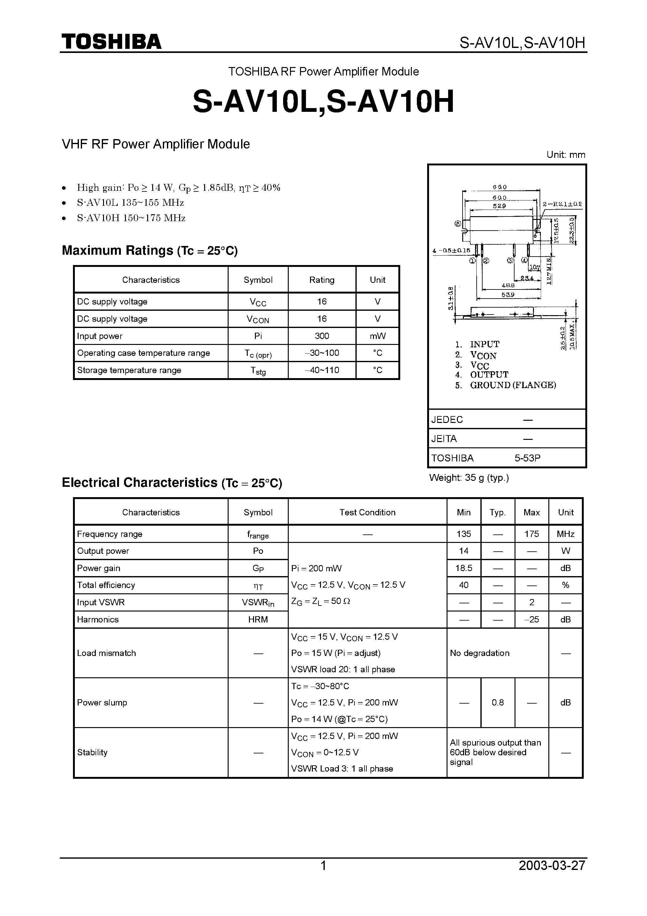 Datasheet S-AV10L page 1 Datasheet S-AV10L - VHF RF Power Amplifier Module page 1
