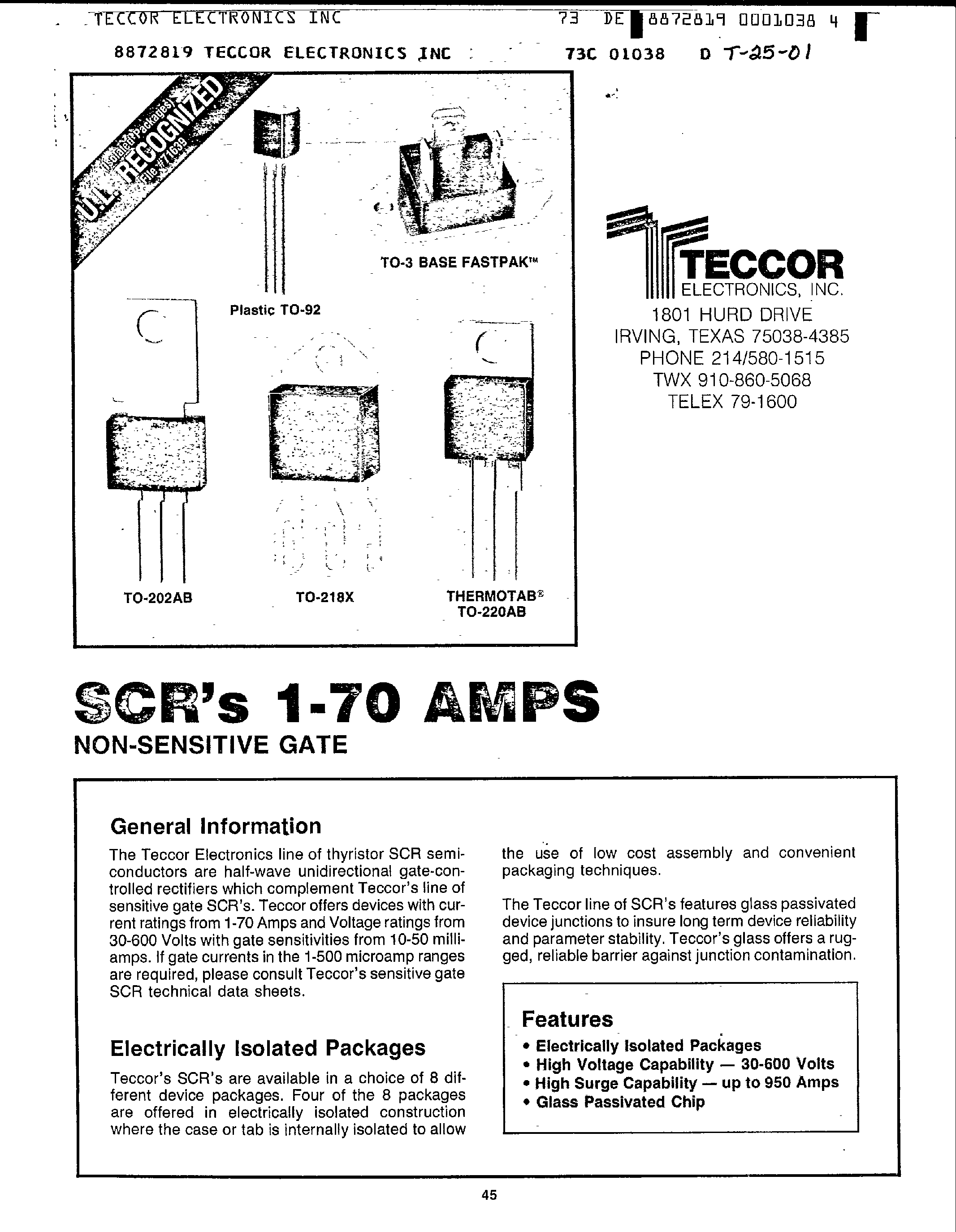 Datasheet S0565P - SCRs 1-70 AMPS NON-SENSITIVE GATE page 1