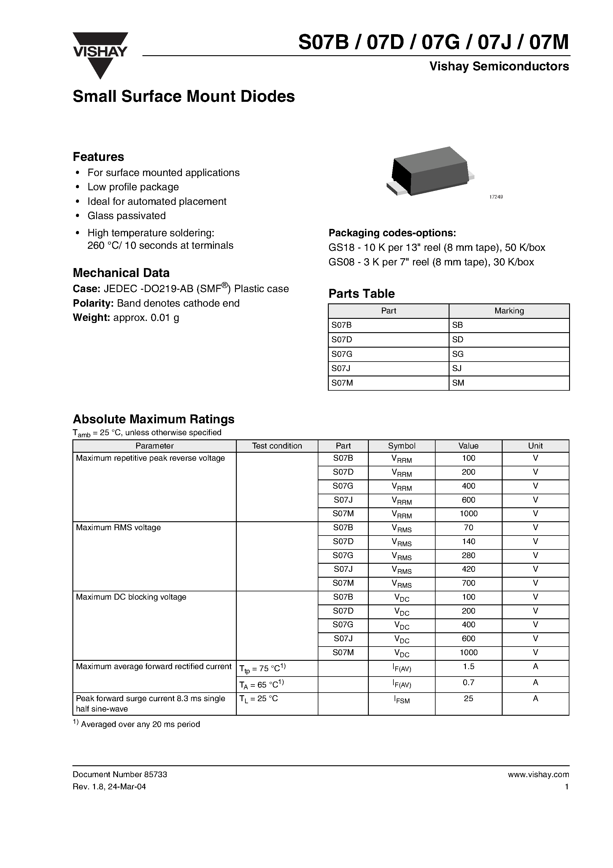 Даташит на микросхему S07G страница 1 Даташит S07G - Small Surface Mount Diodes страница 1