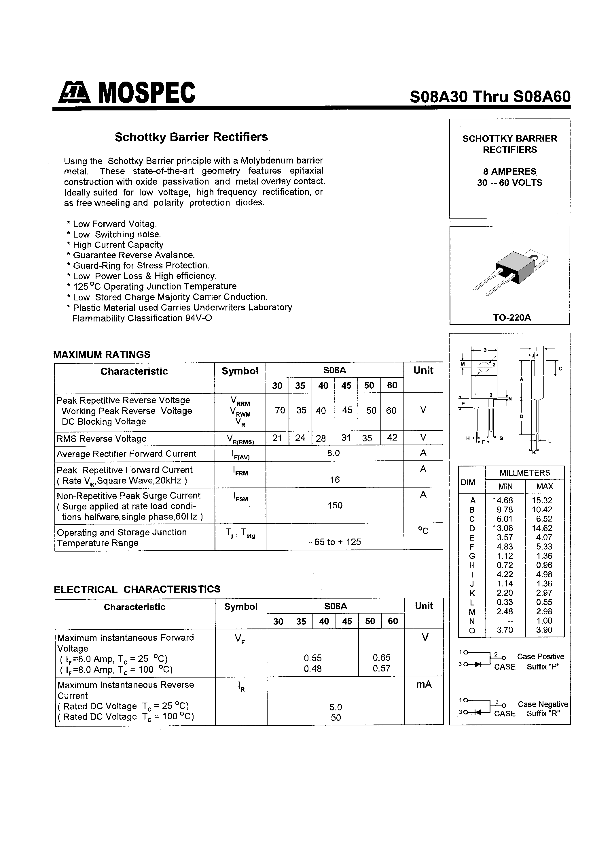 Datasheet S08A50 page 1 Datasheet S08A50 - SCHOTTKY BARRIER RECTIFIERS(8A/30-60V) page 1