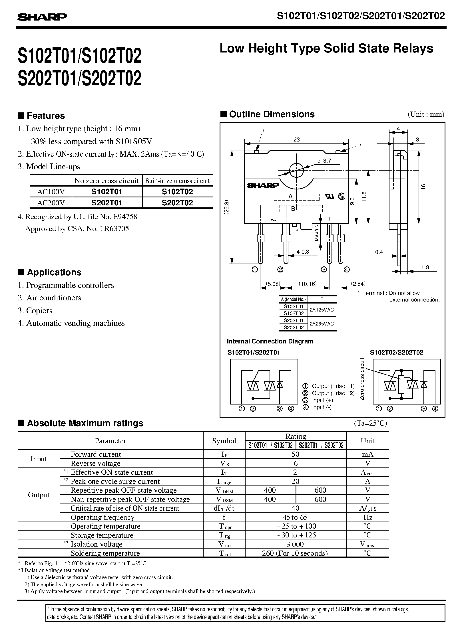 Даташит S102T01 - Low Height Type Solid State Relays страница 1