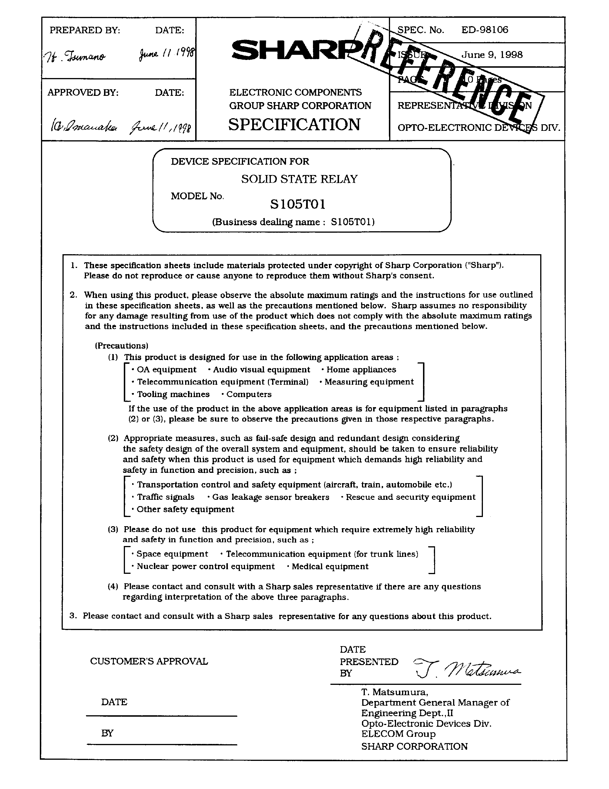 Datasheet S105T01 - DEVICE SPECIPICATION FOR SOLID STATE REPLAY page 1