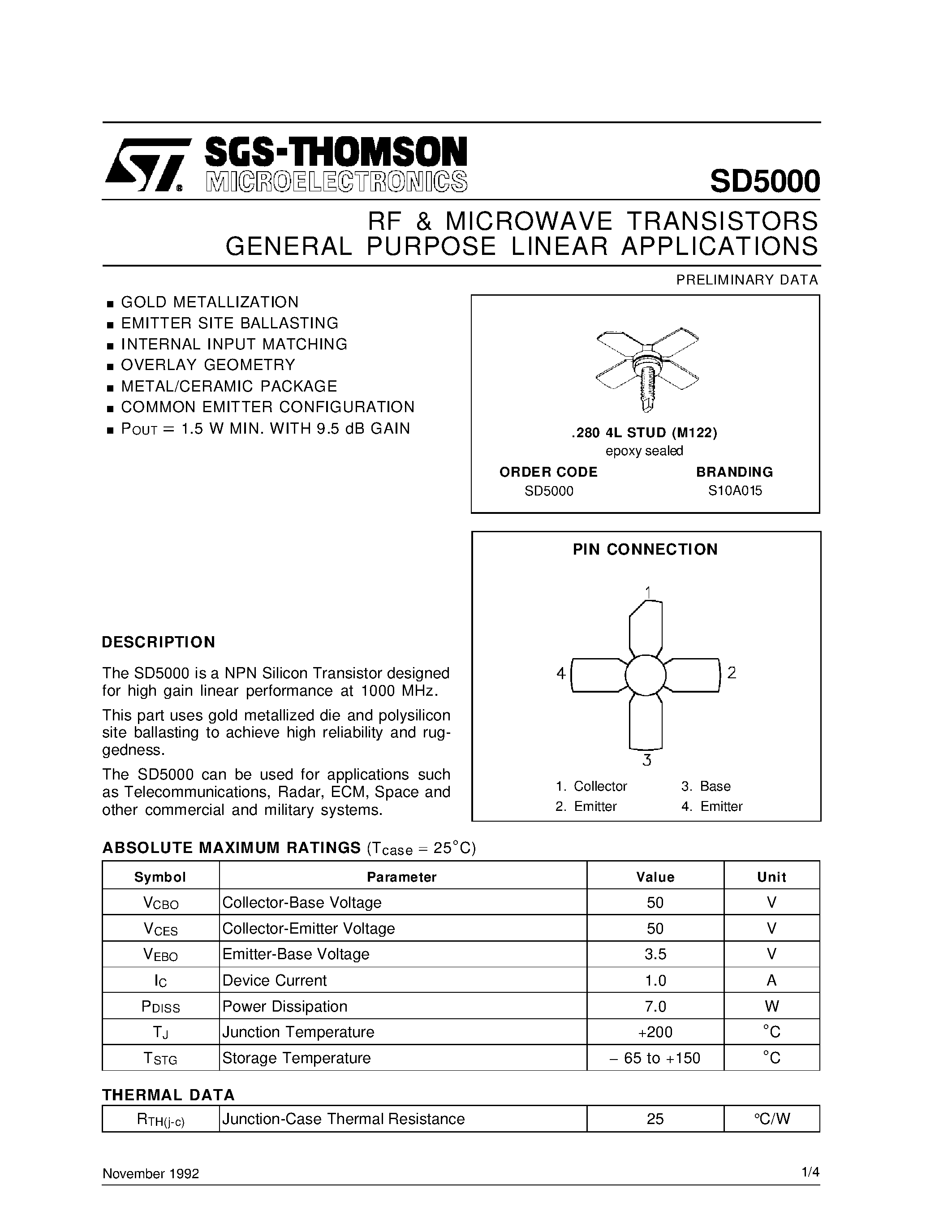 Datasheet S10A015 - RF & MICROWAVE TRANSISTORS GENERAL PURPOSE LINEAR APPLICATIONS page 1