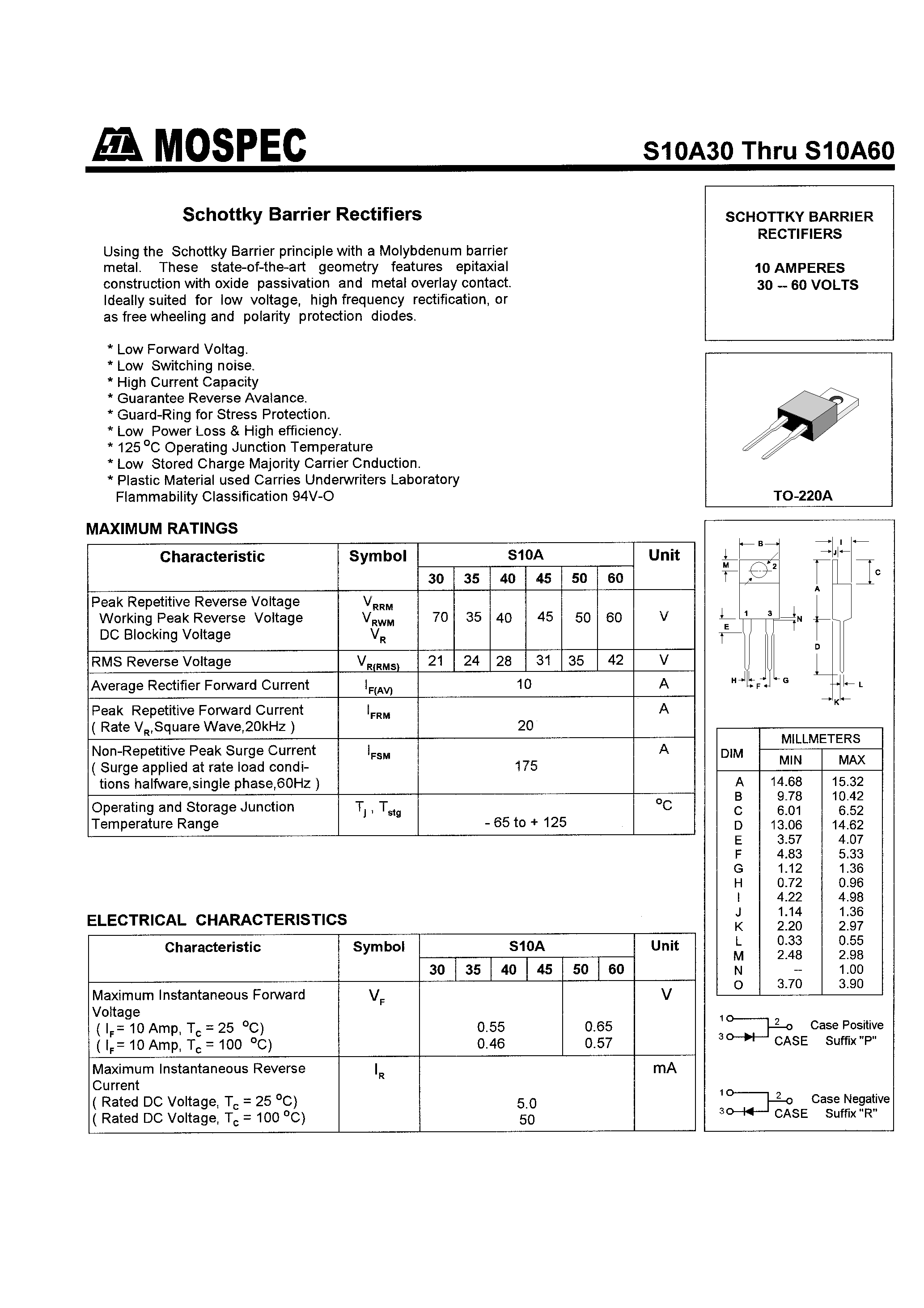 Datasheet S10A60 page 1 Datasheet S10A60 - SCHOTTKY BARRIER RECTIFIERS(10A/30-60V) page 1