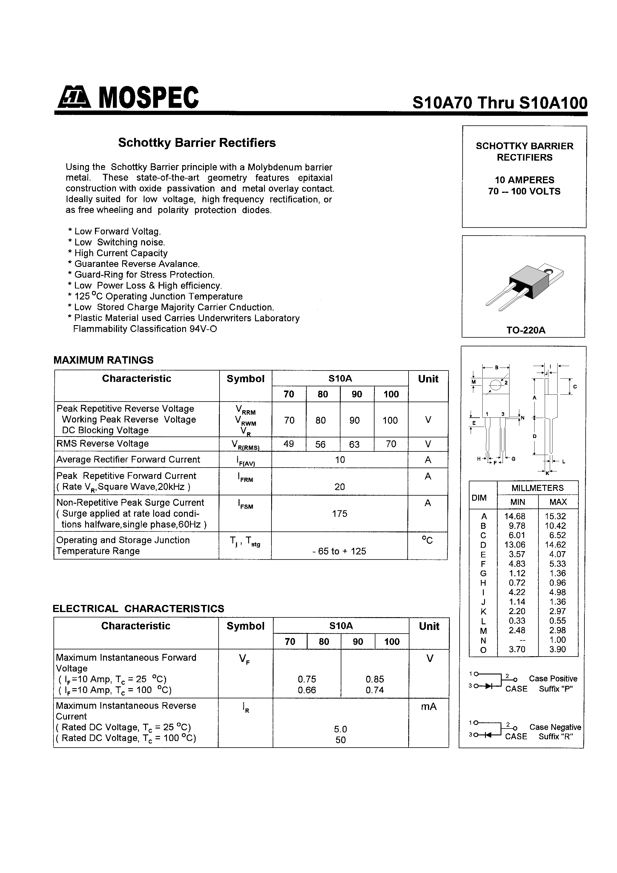 Datasheet S10A70 page 1 Datasheet S10A70 - SCHOTTKY BARRIER RECTIFIERS(10A/70-100V) page 1