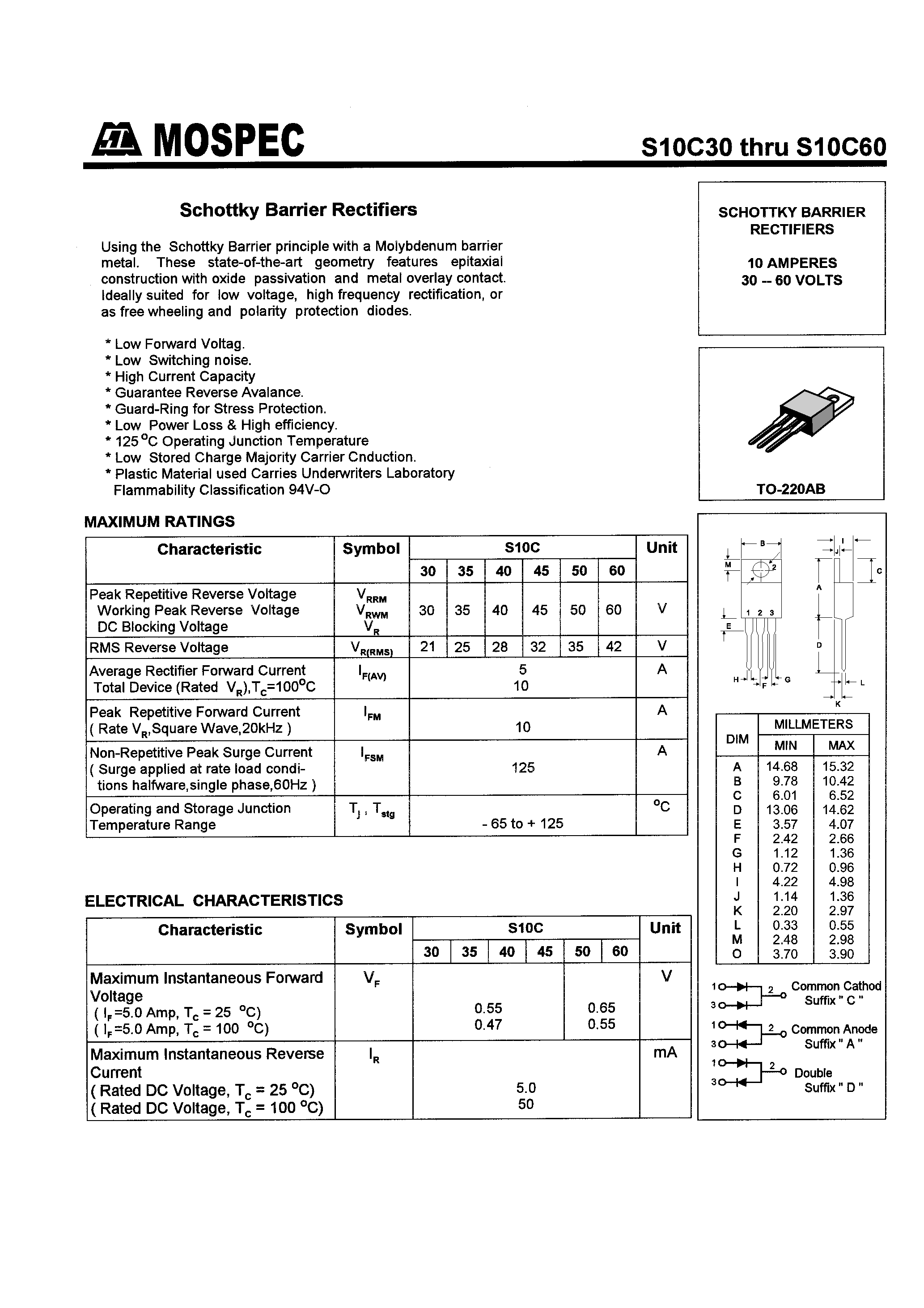 Datasheet S10C40 page 1 Datasheet S10C40 - SCHOTTKY BARRIER RECTIFIERS(10A/30-60V) page 1