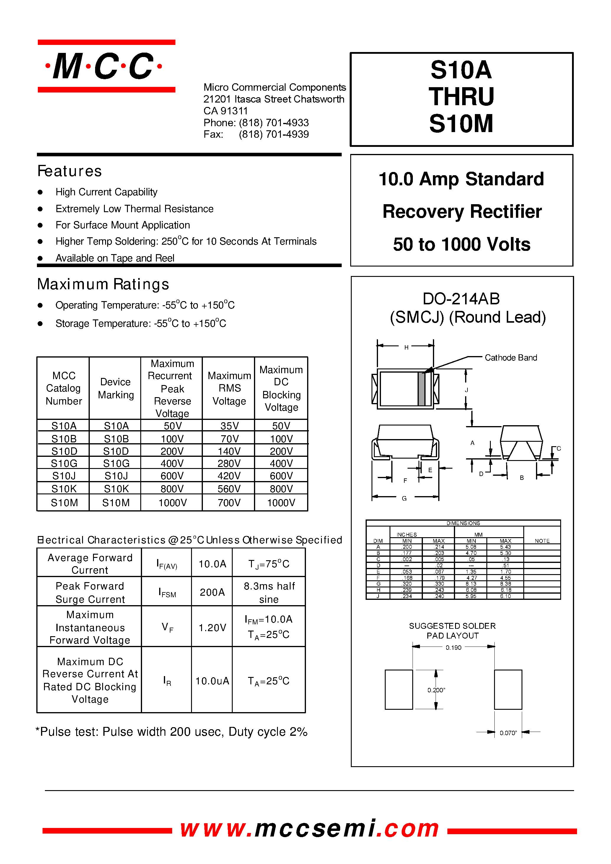 Datasheet S10J - 10.0 Amp Standard Recovery Rectifier 50 to 1000 Volts page 1