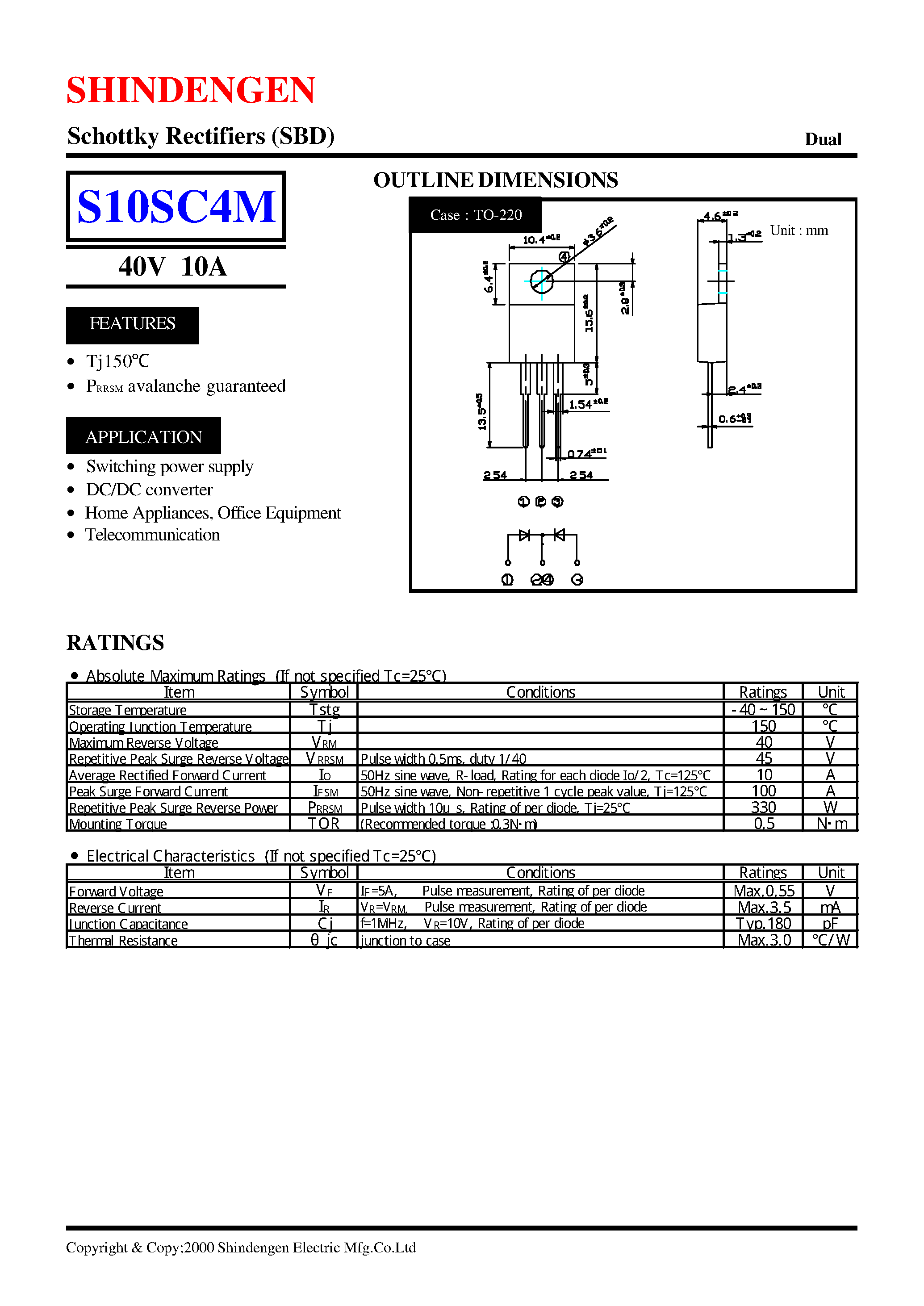Datasheet S10SC4M page 1 Datasheet S10SC4M - Schottky Rectifiers (SBD) (40V 10A) page 1