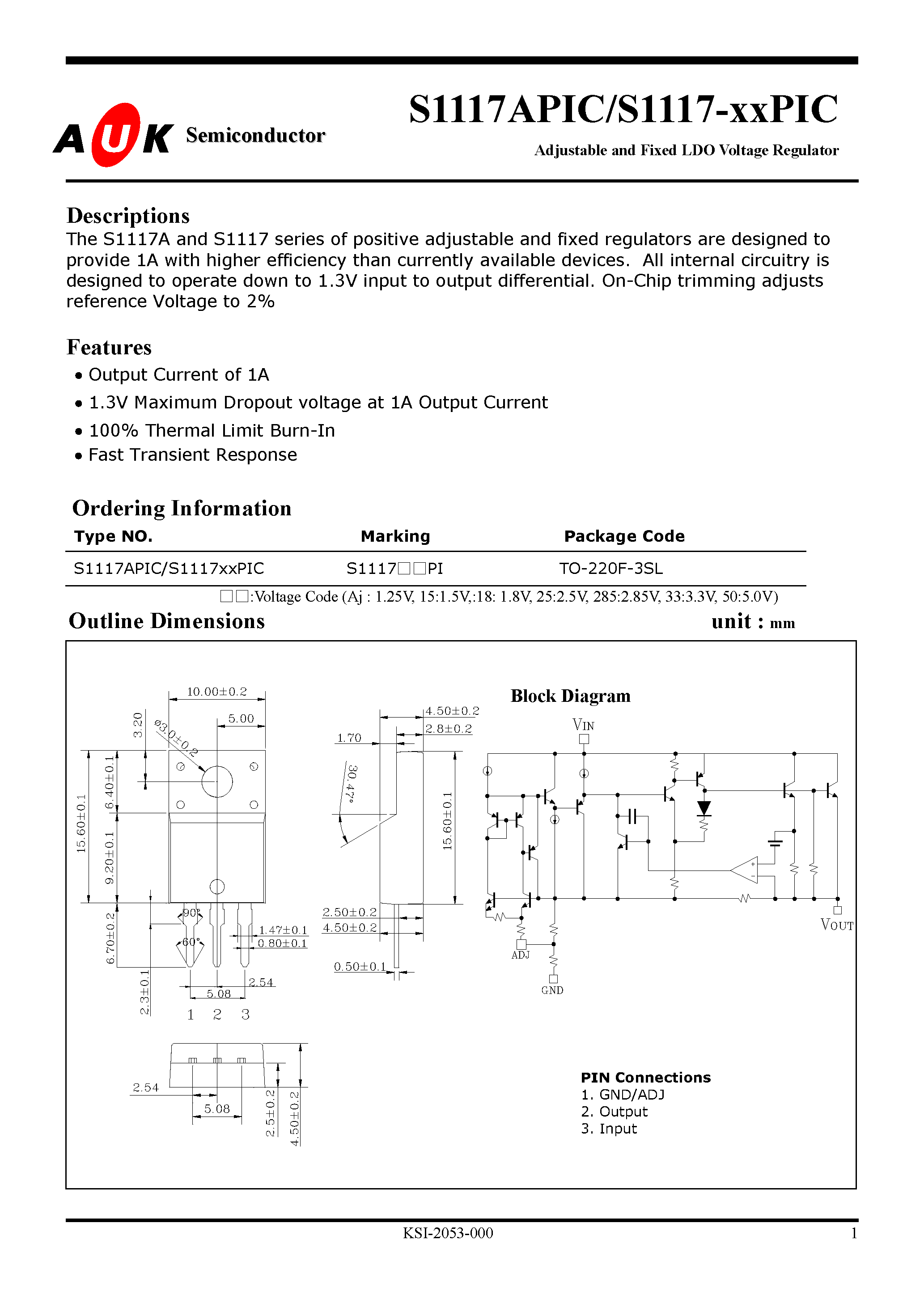 Datasheet S1117-3.3PIC - Adjustable and Fixed LDO Voltage Regulator page 1