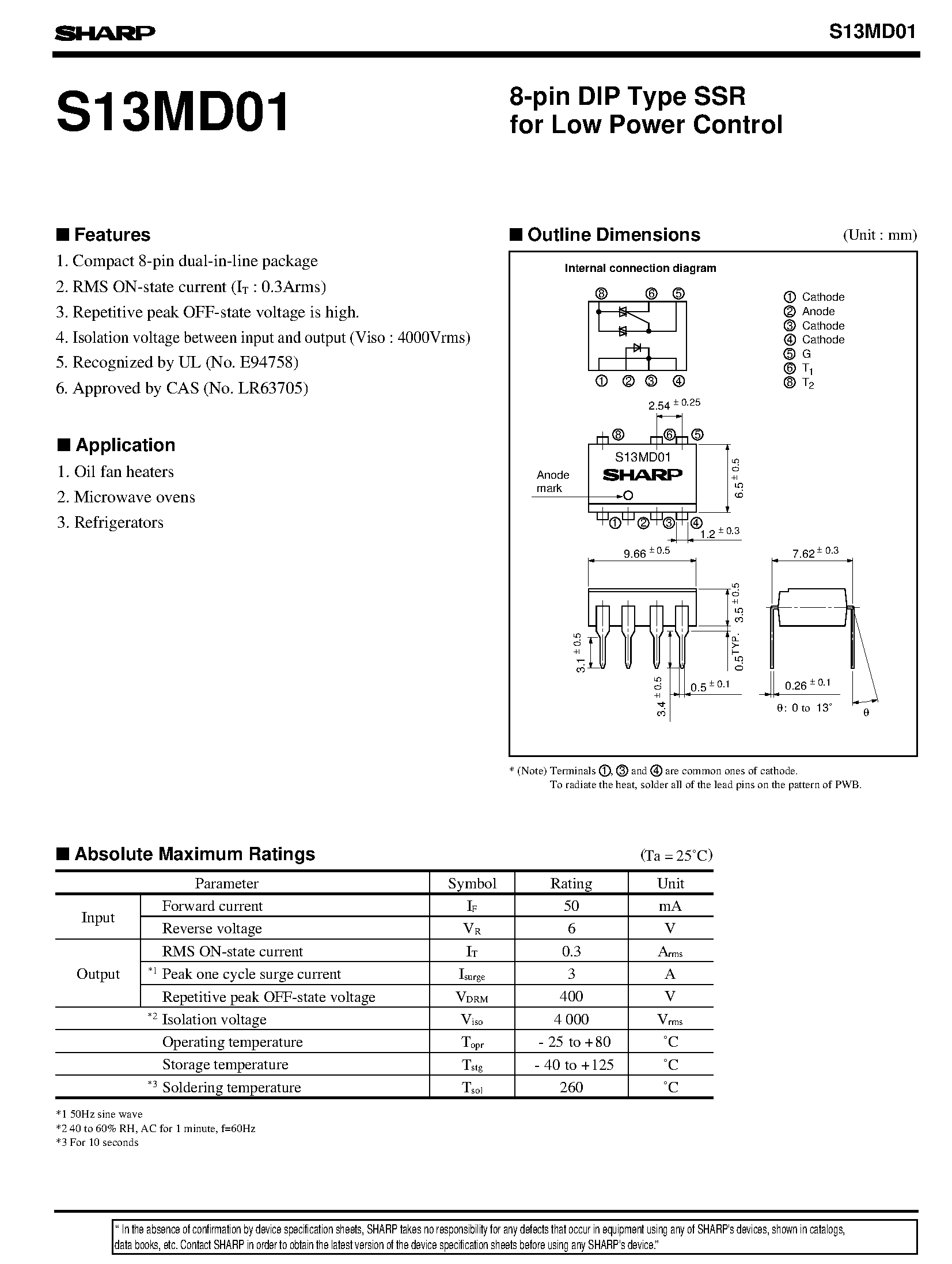 Даташит S13MD01 - 8-pin DIP Type SSR for Low Power Control страница 1